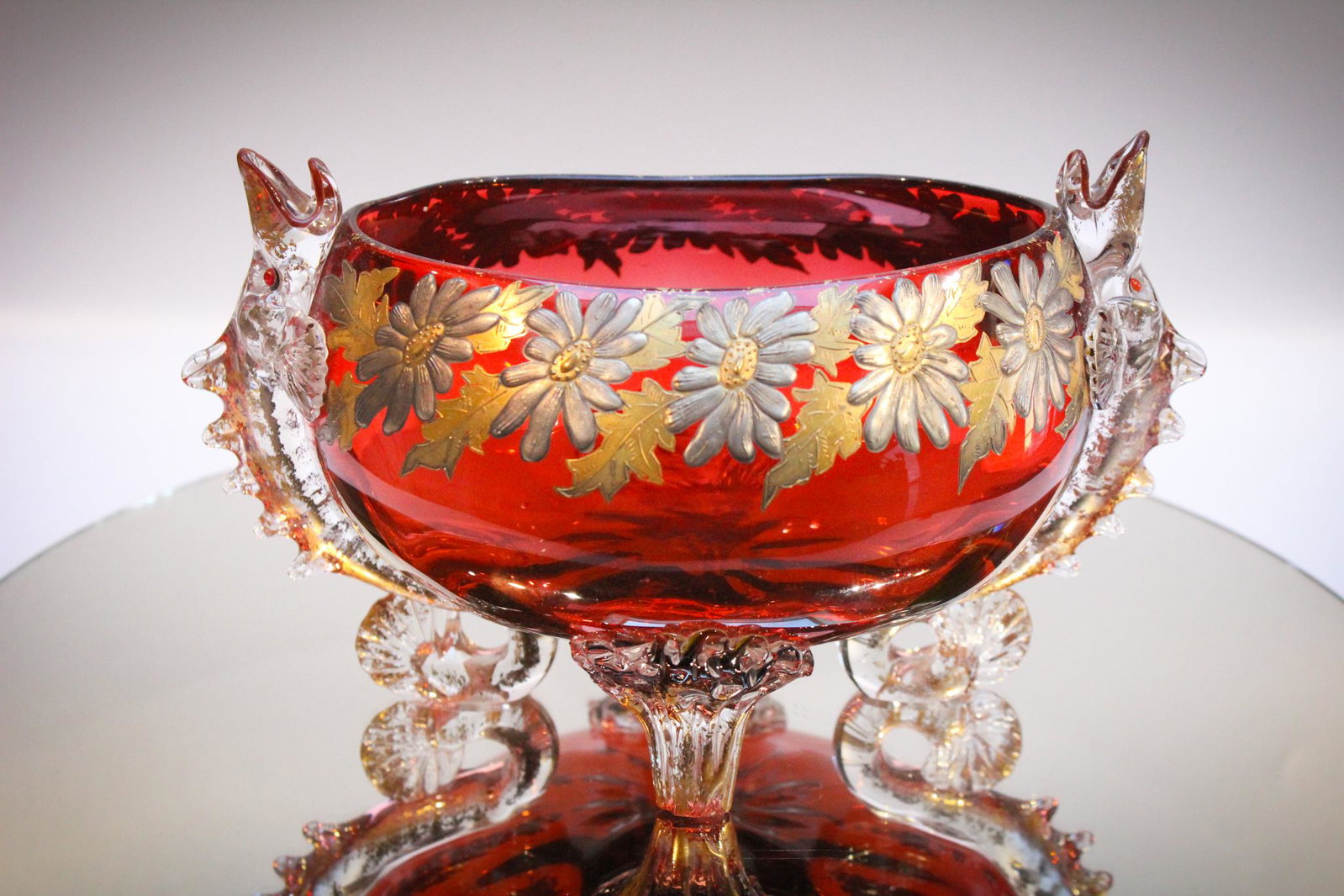 Moser applied Fish Silver and Gold ftd Vase: What to say about this impressive piece attributed to Moser. Ovoid shape bowl vase with killer applied fish on either end. Top rim is embellished with raised gilt and silver floral dÃ©cor. Applied f