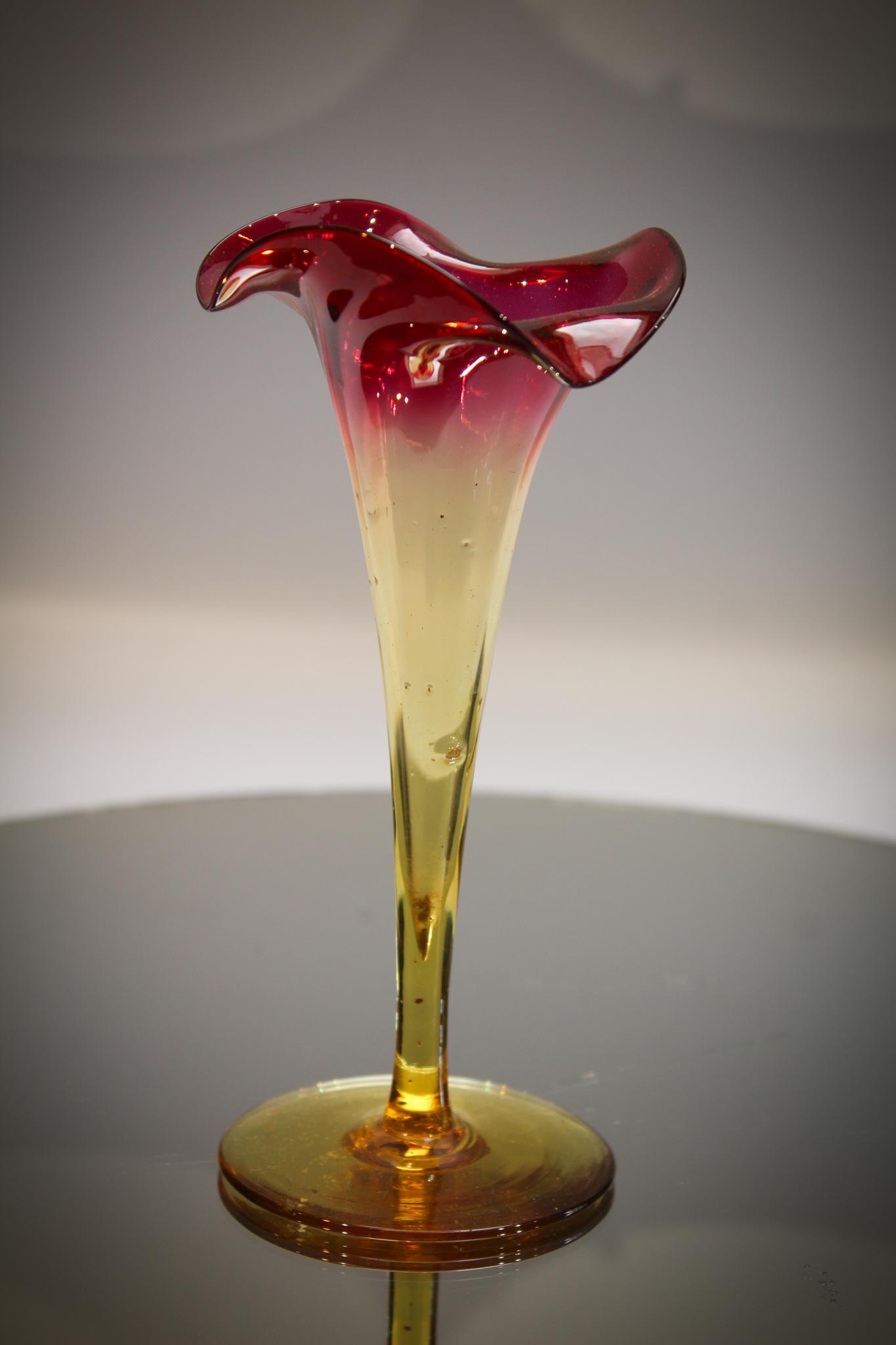 6" New England Amberina Lily vase: Only at 6 1/4" tall this gem is sure to fit in even the tightest for space of collections. Very good color and form to this one.