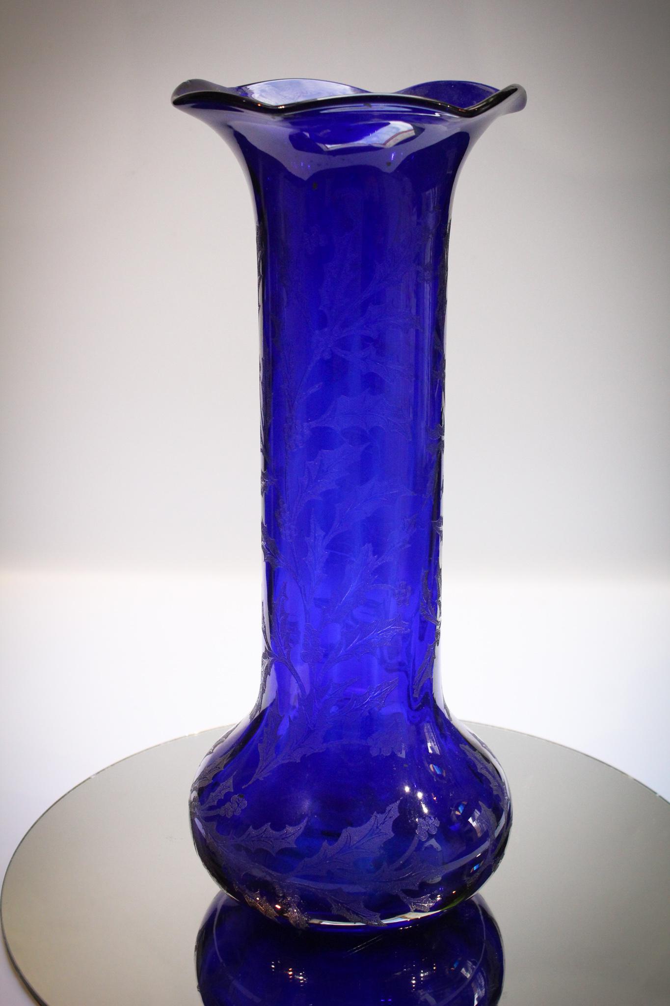 Fostoria Cobalt Blue 14" Holly etched Vase (1 of 5)