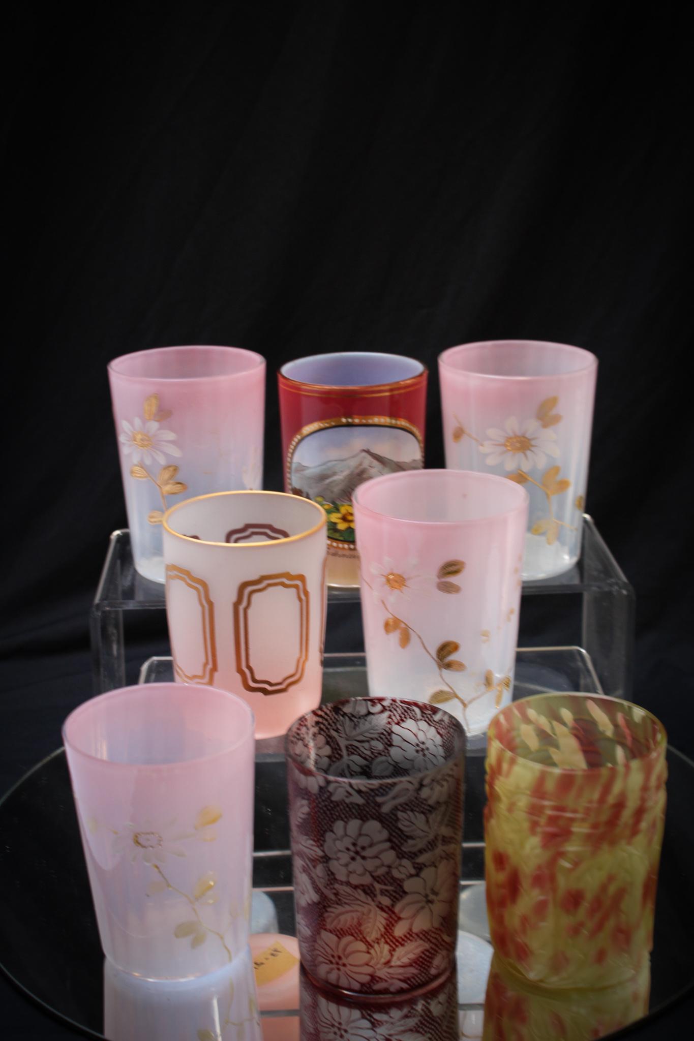 8 pc Lot Victorian Glass Tumblers: An 8 pc Lot of Victorian tumblers to include an array of various makers and colorations.