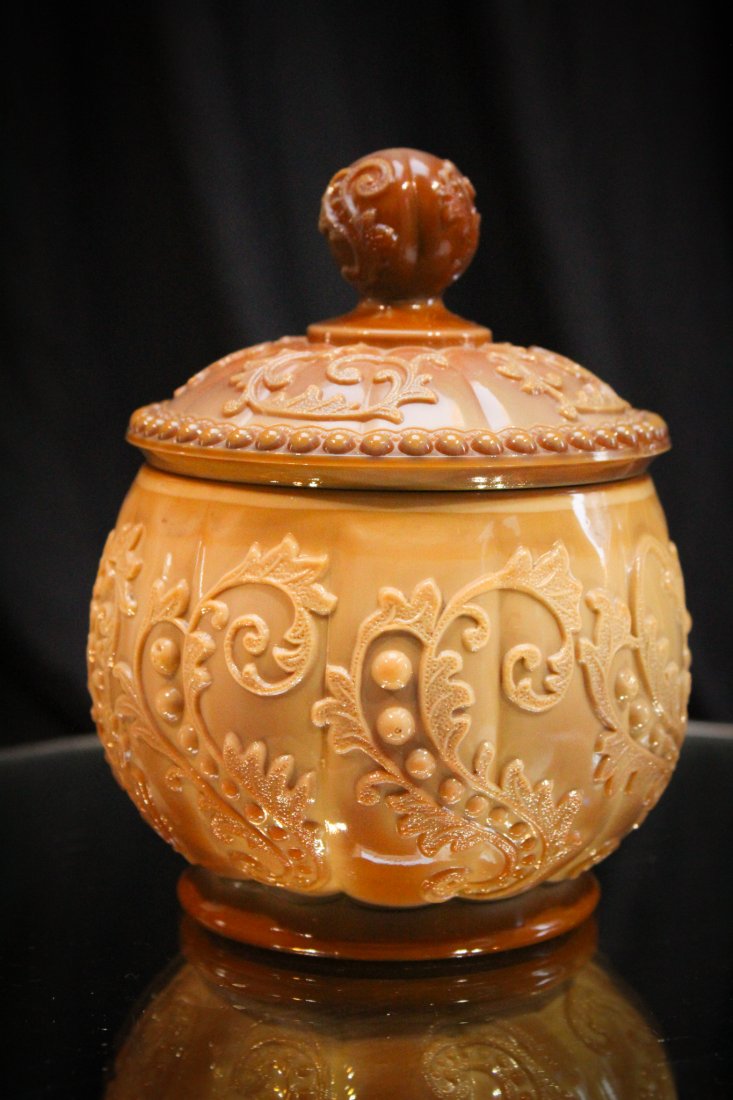 Rare Greentown Chocolate Glass Covered Sugar (1 of 4)