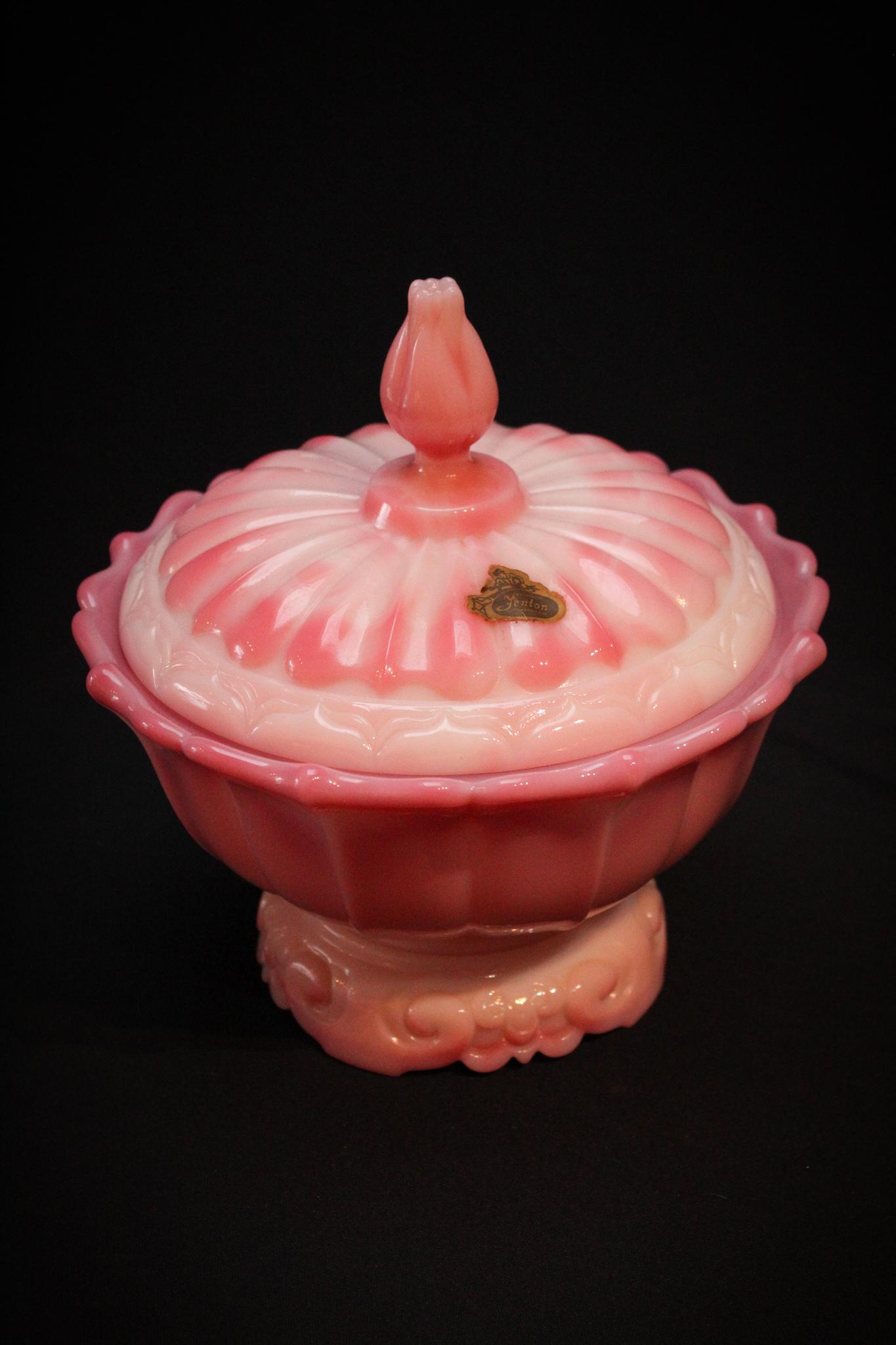 Fenton Glass Rosalene Ogee box: Fenton Glass Rosalene Ogee Box. How often do you see it with the original base. Wow!