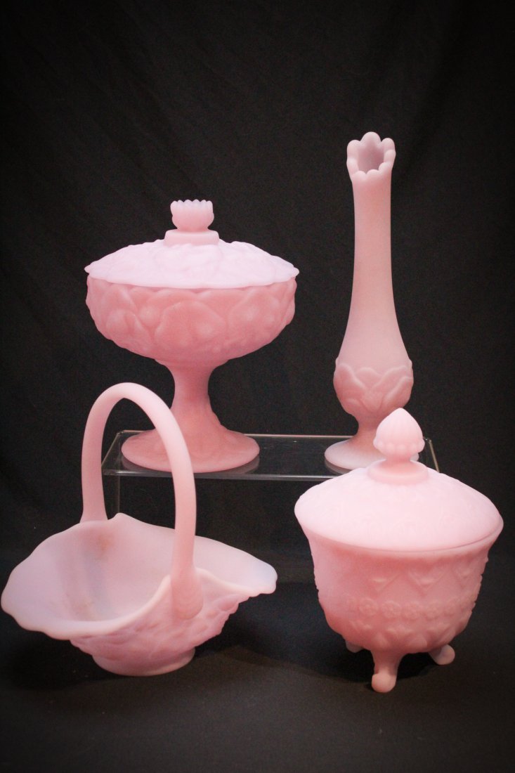 Lot 4 pieces Satin Fenton Glass: Lot of 4 pieces Satin Water Lilly glass. Tallest measures 9 1/4" tall.