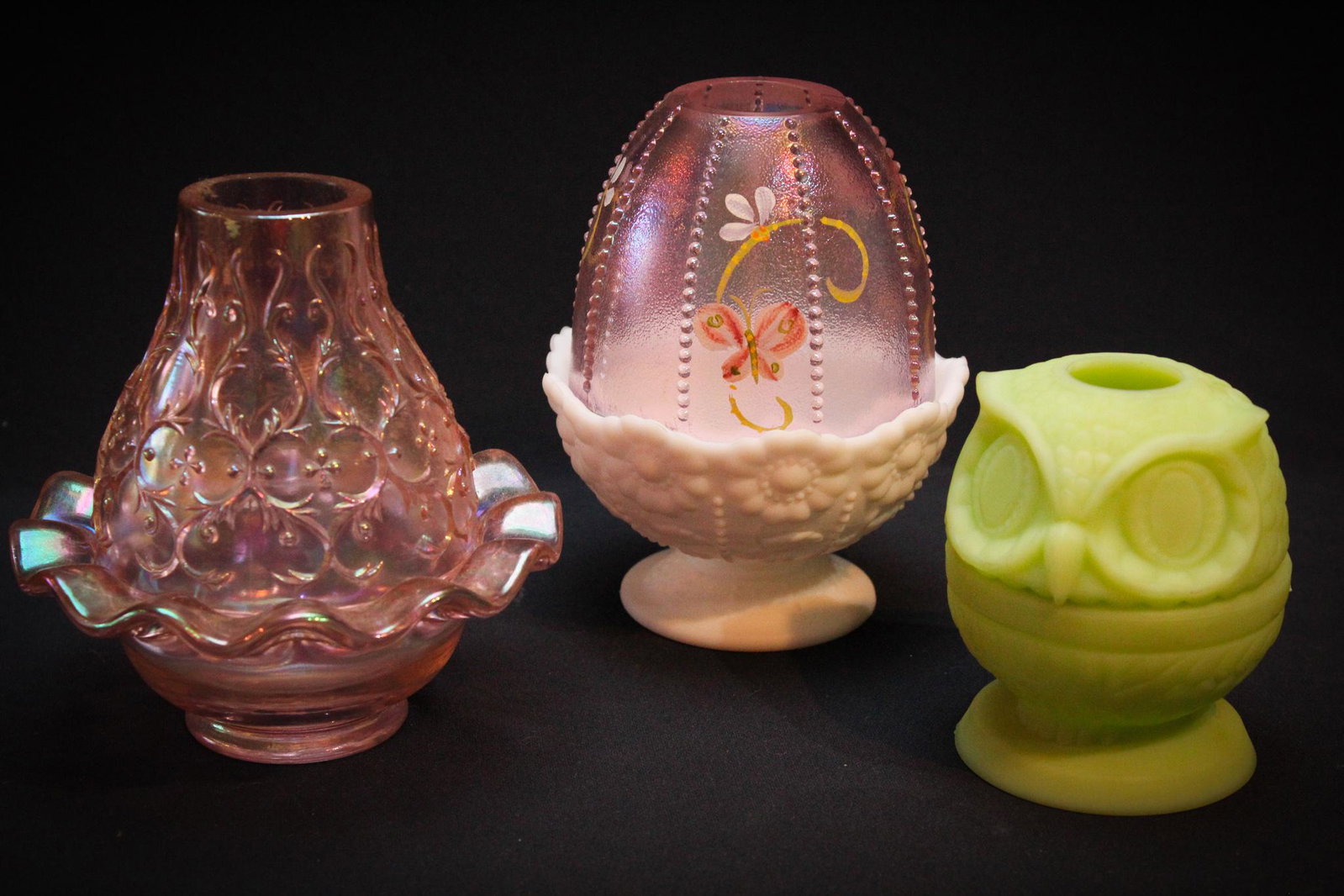 Lot 3 Fenton Glass Fairy lamps: Lot of 3 Fenton glass Fairy lamps to include 2 carnival and a green satin owl. Tallest measures 5 1/2" tall.