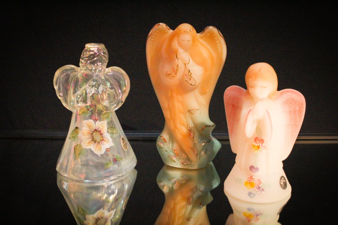 3 pc Lot Fenton Hand Painted Angel figurines: Lot of 3 Fenton Art Glass Hand painted Angels. Each a little different. One as nice as the other. Beautiful hair.Tallest measures 7 1/4" tall.
