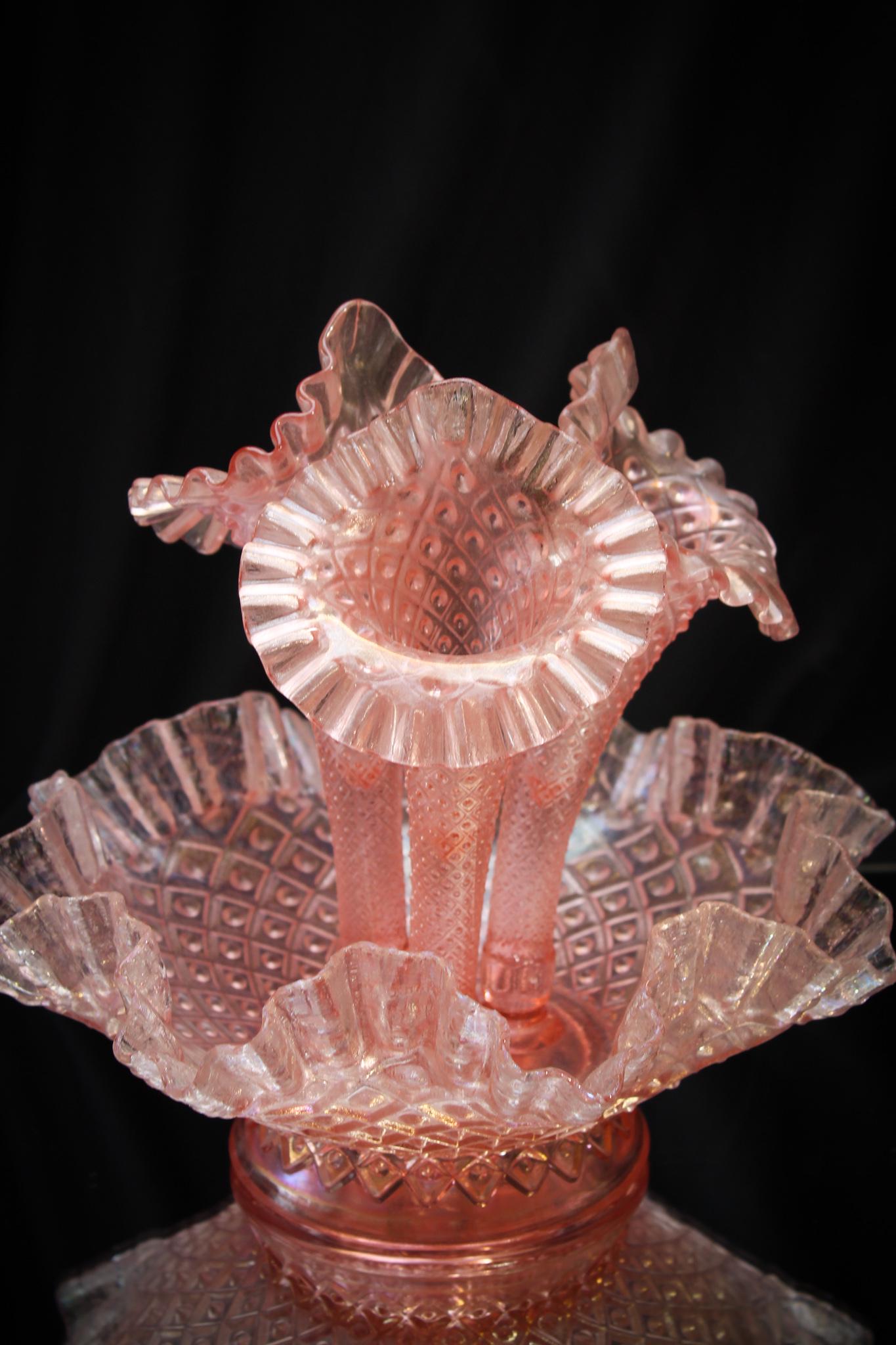 Fenton Pink Stretch Diamond Lace Epergne: So pretty in pink! Fenton glass Pink Stretch diamond lace attern epergne. Great color and finish. Measures 8" tall.