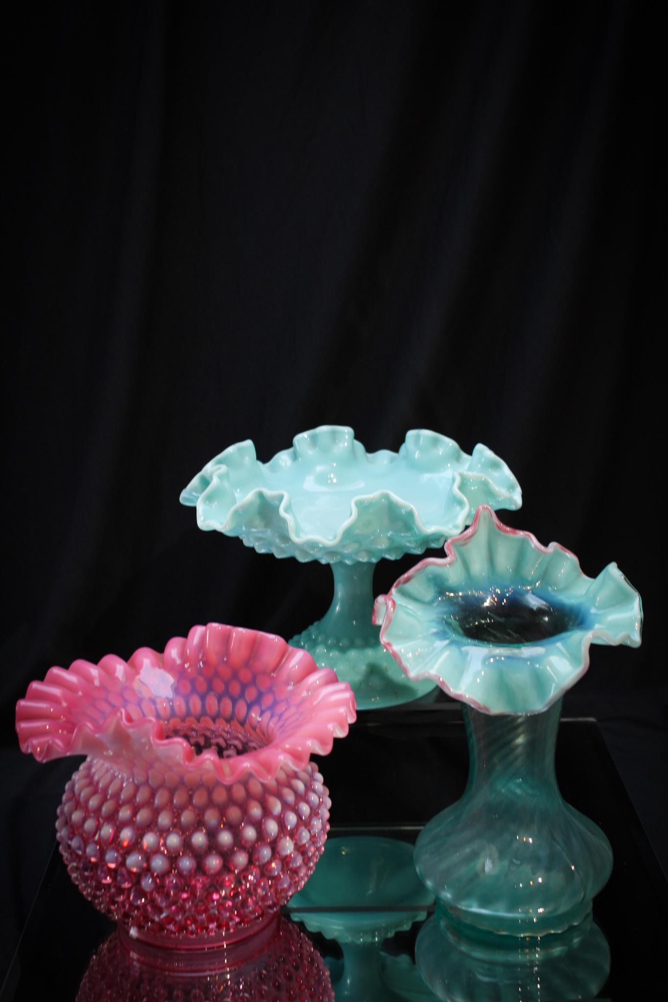 3 pc Lot Fenton Northwood Glass: Great grouping of 3 pieces of Fenton and Northwood Glass. Two hobnail pieces and a jack in the pulpit vase. Tallest measures 8" tall.