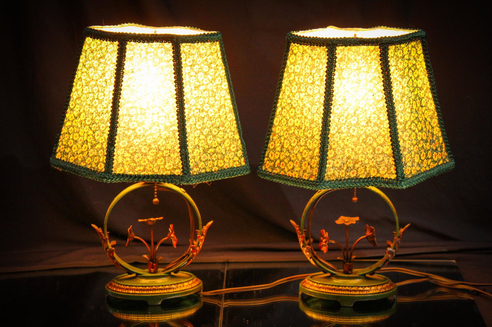 Pair Moe Bridges Antique Art Deco Boudoir Lamps: Offered is a pair of signed Moe Bridges Art Deco boudoir lamps with comlimentary later cloth shades. Lamp retain original finish and candle covers. Great pair!