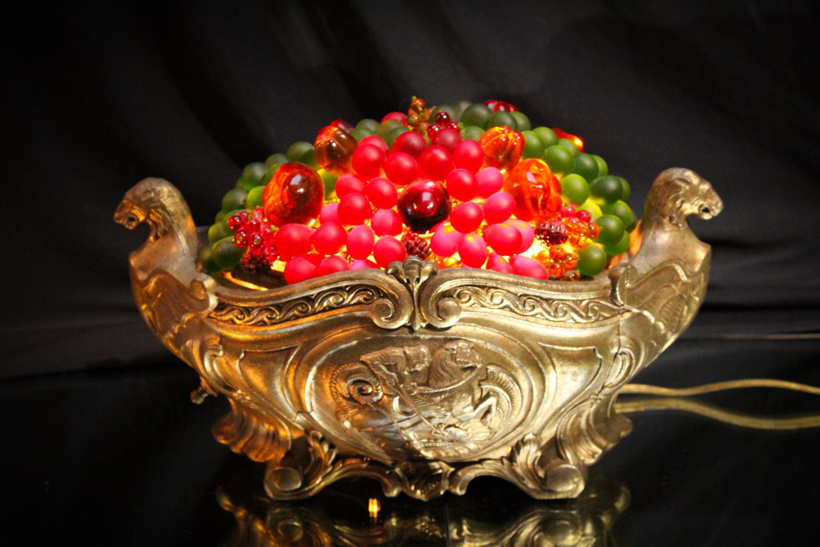 Art Deco Czech Glass Fruit Lamp: Delightful Czech glass fruit lamp with original as found base. Nice assortment of assorted fruits. That says it all doesn't it? Lamp measures 5" tall by 12" long.
