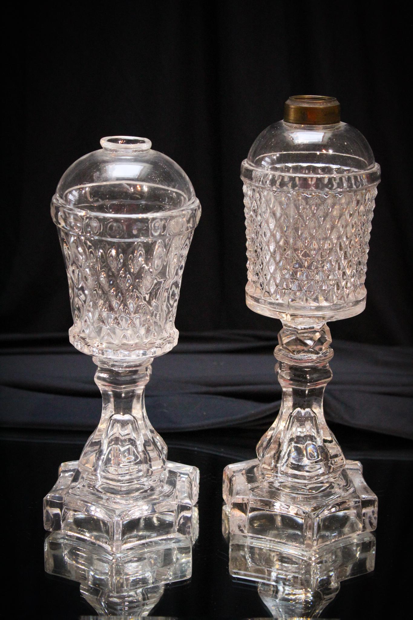 2 pc Lot Victorian Whale Oil Lamps: Nice selection of 2 unique pattern Victorian whale oil lamps. All for one money.