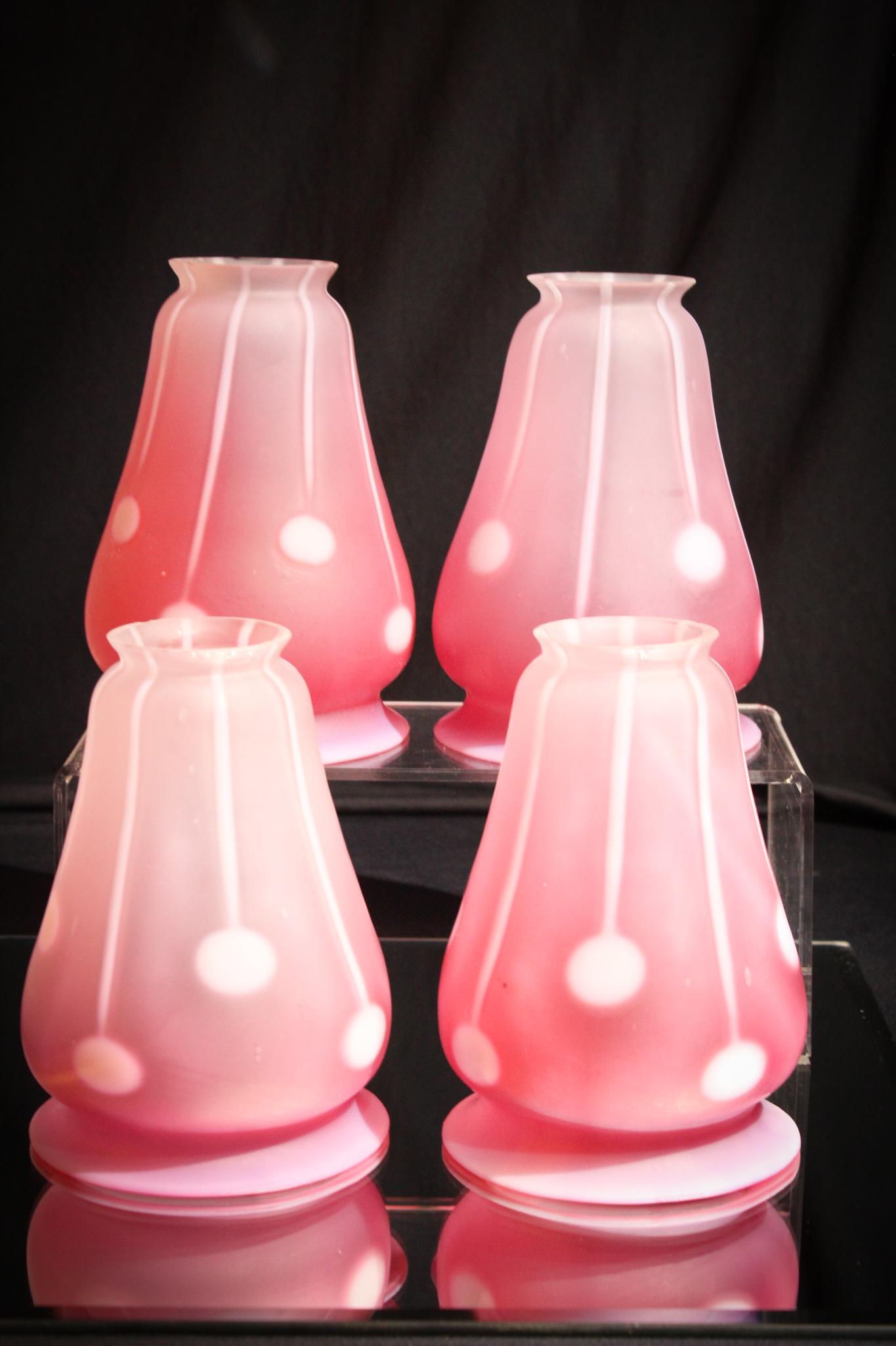 4pc Set Cranberry Opalescent Satin Glass Shades: Absolutely stunning set of 4 matching cranberry opalescent satin finish lamp shades. Art nouveau opalescent decor. Lovely set. Shades measure 6 1/2" tall. Fitter is 2 1/4" diameter.
