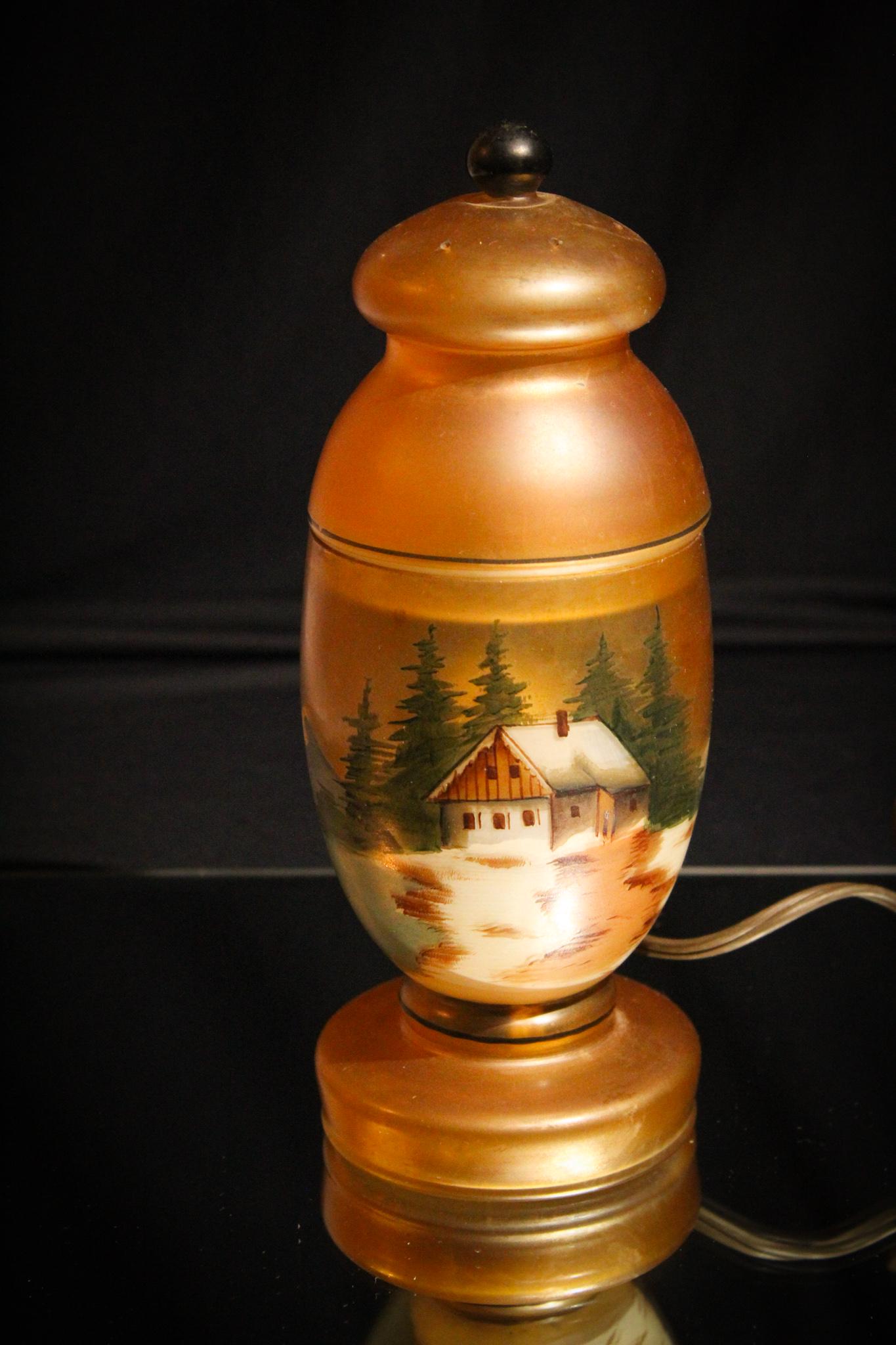 Antique Art Deco Glass Perfume Lamp w/ Cabin Scene: Estate fresh Art Deco period painted glass 3 piece perfume lamp. Perfume lamp is decoarated with cabin scene. Original wiring as found. Very seldom seen example. Measures 9" tall.