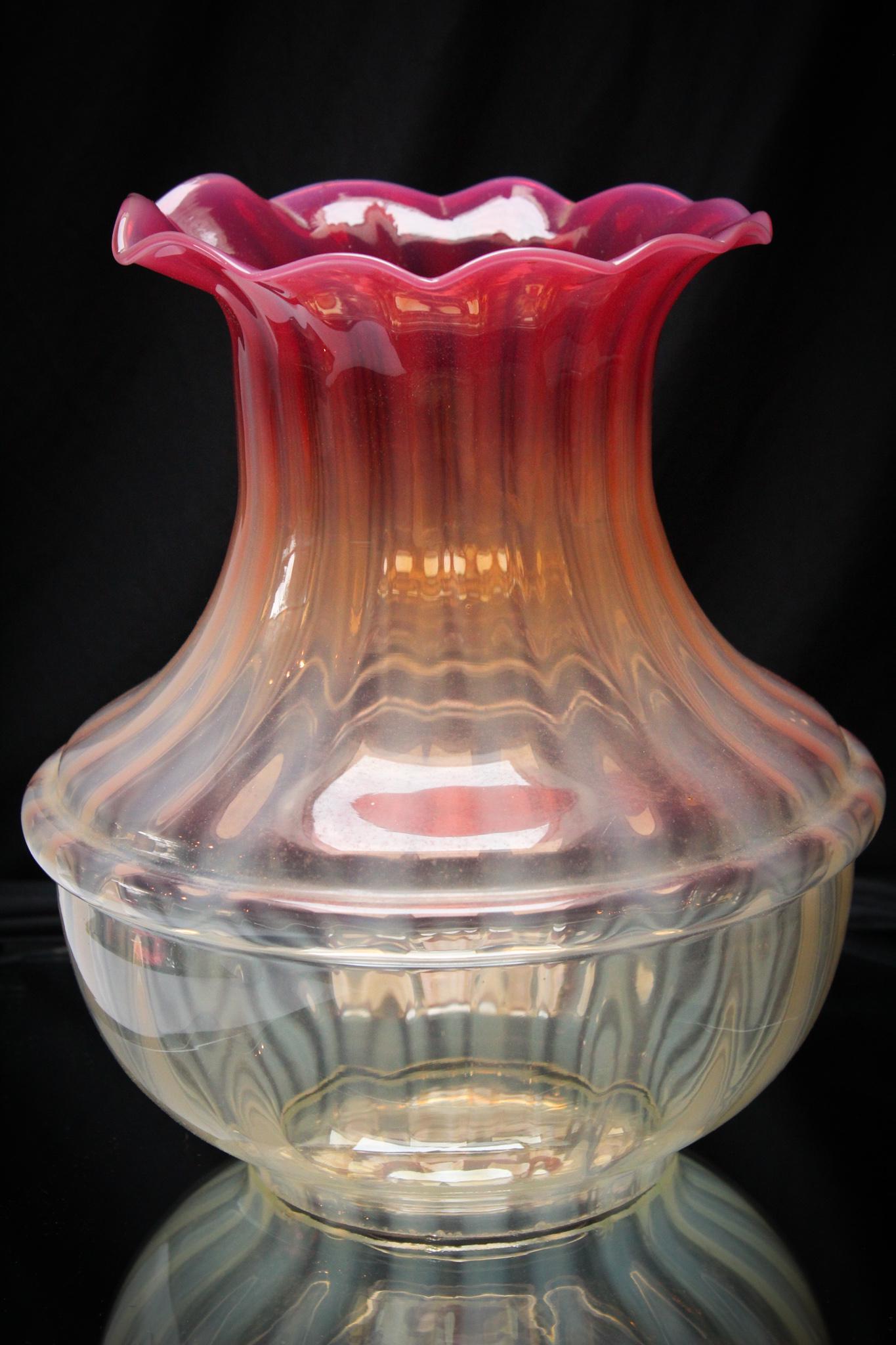 Pink Opalescent Stripe Glass Victorian Hall Shade: Beautiful Victorian large pink opalescent stripe hanging hall lamp shade. Vibrant pink color and opalescence. Large measuring 11" tall, 5" fitter rim.