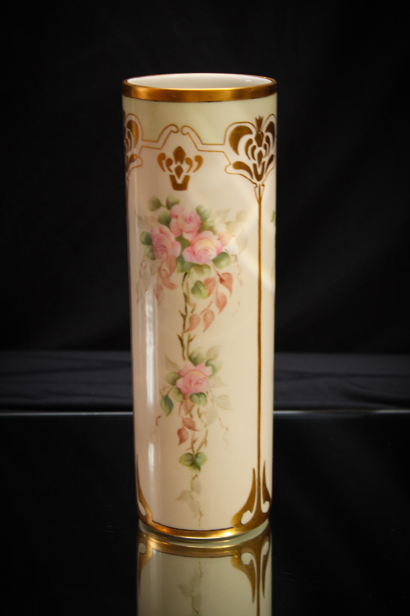 Limoges Art Nouveau Roses Porcelain Vase: Another fine piece of porcelana. Art Nouveau decoration on this charmer is of roses. This is wonderful. Such color and detail. Measures 9 1/2" tall.