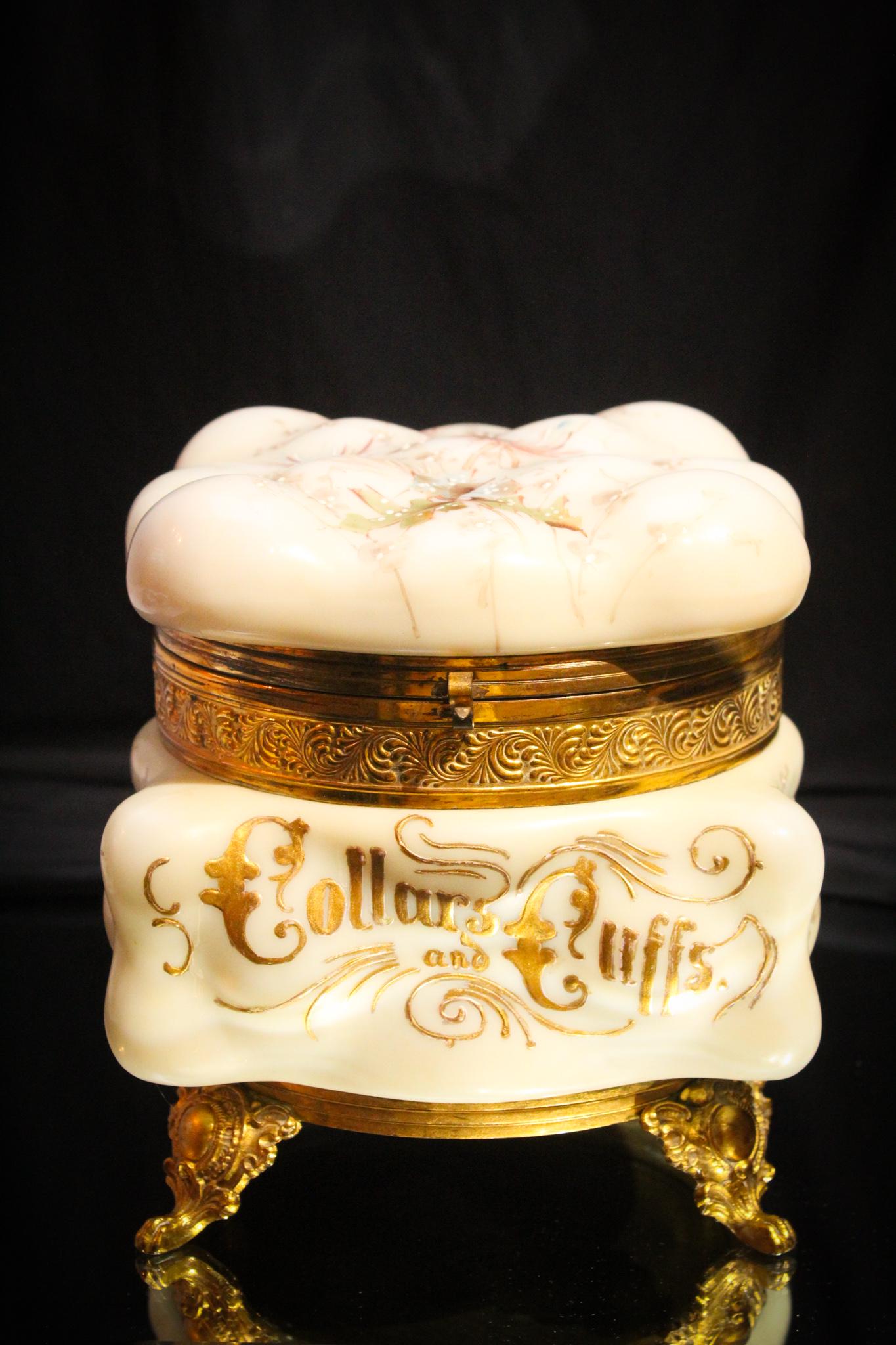 Stunning Large! Victorian Wavecrest Collars & Cuffs Box: This box is a classic Wavecrest egg crate form in the largest size. Wonderful decoration of florals and original mountings down to the ormulu base. Lots of decoration and gold on this honey. Signed. M