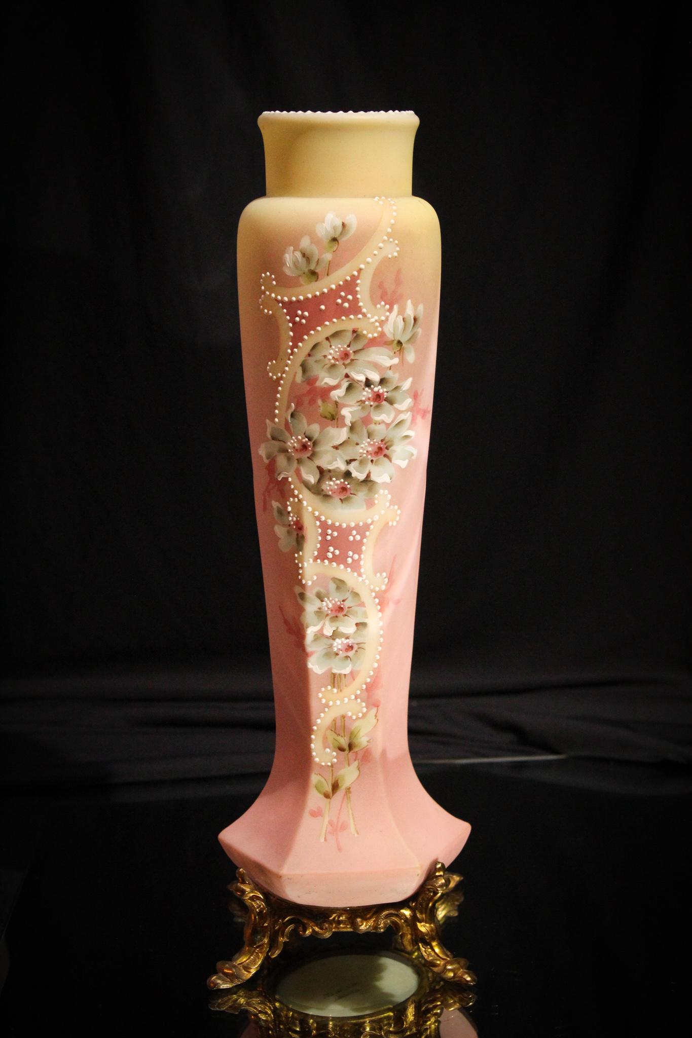 Victorian Wavecrest Glass Nakara 13" floral Vase: Ooh la la this is scrumptious. This Wavecrest Nakara Vase measures a large 13 1/2" tall. Original ormulu base. Delightful floral dÃ©cor on medium pink ground. Just yummy!
