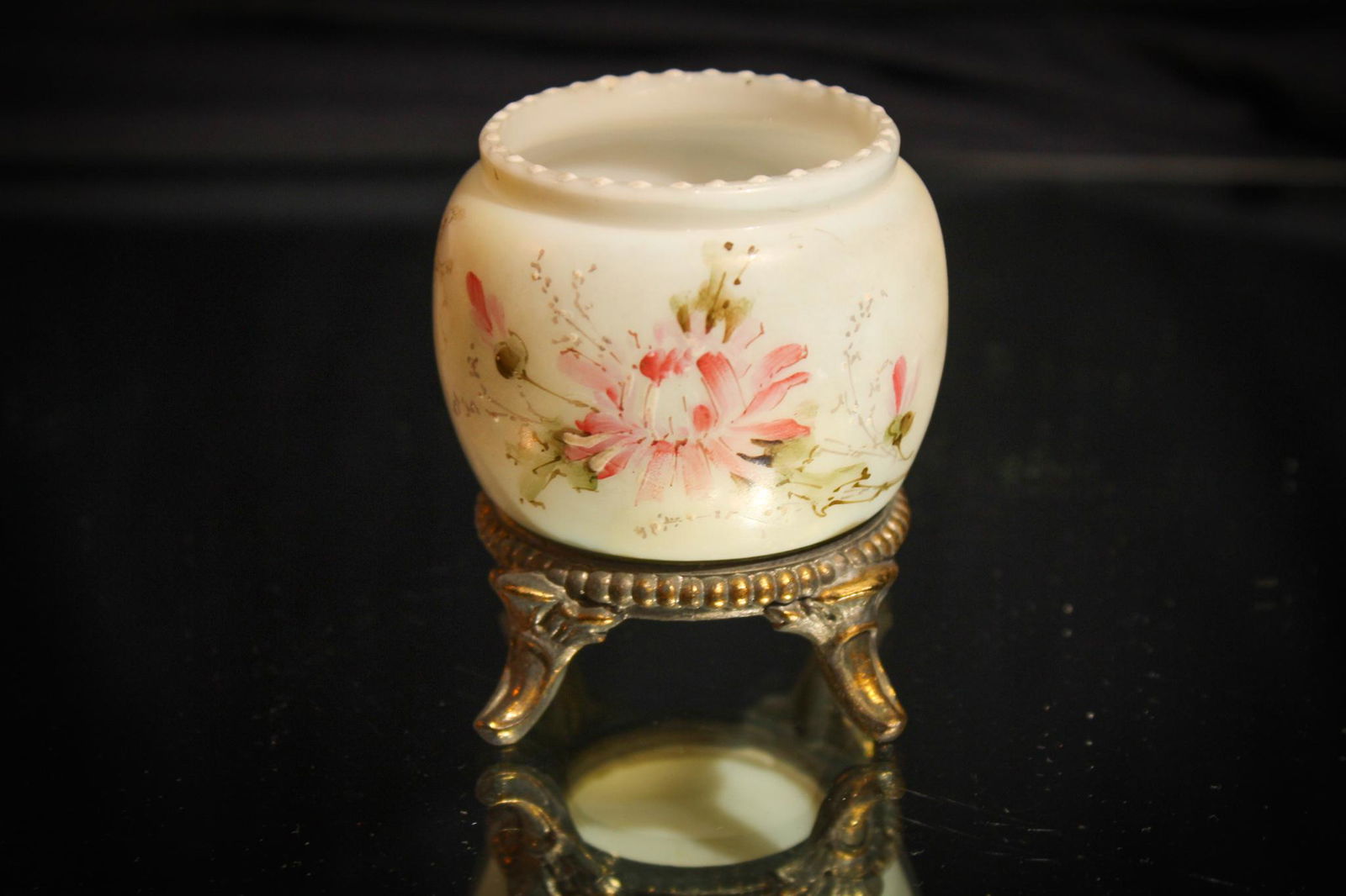Wavecrest Victorian Ormulu Toothpick Holder: Neat little wavecrest Victorian floral decorated toothpick holder. Complete with orumulu base. Measures 2 1/2" tall.