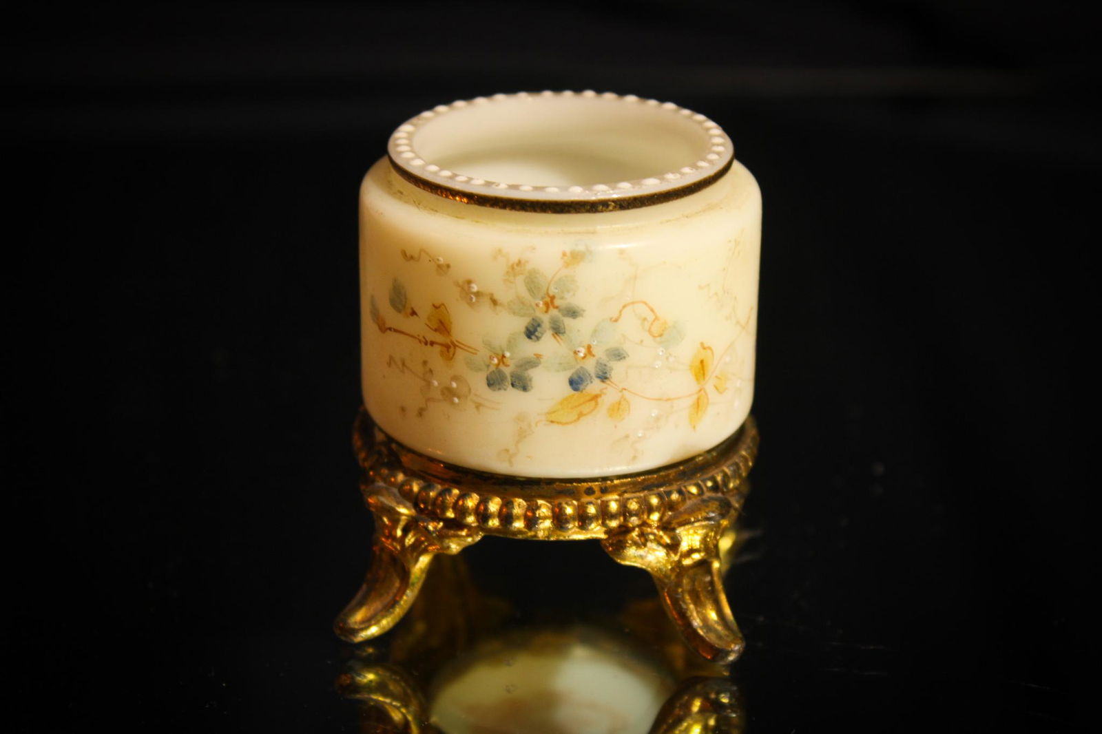 Wavecrest Victorian Glass Toothpick Holder: Wonderful little signed wavecrest toothpick holder with ormulu base. Toothpick has dainty decoration and nice gold band around the top rim. Measures 2 1/2" tall.
