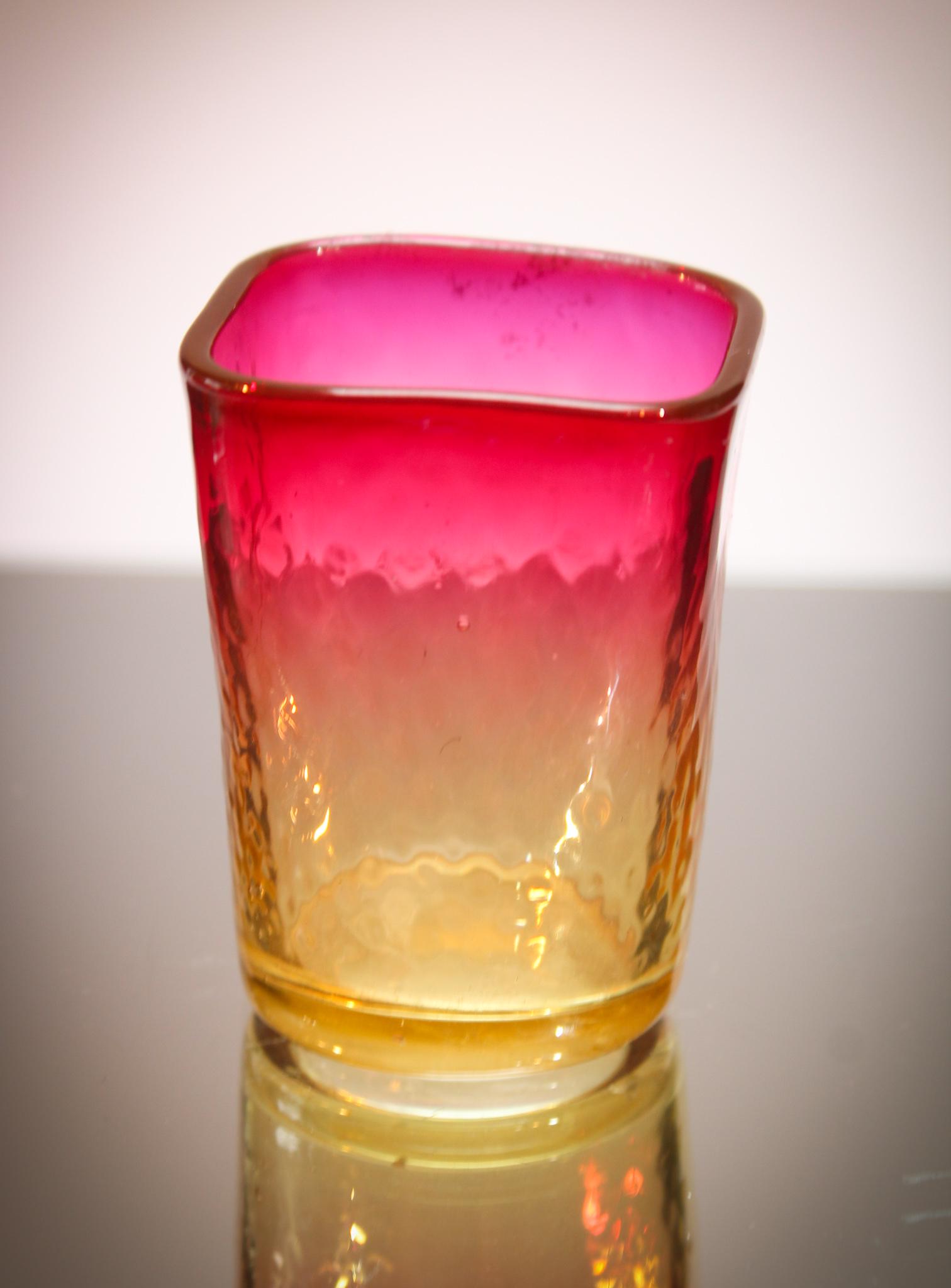 Victorian Amberina Diamond Quilt Toothpick Holder: Here's finally your chance to own one of these cuties. Always bid and never win one. Give it a go! This example has the best fuscia amberina coloring to it. Measures 2 1/2" tall.
