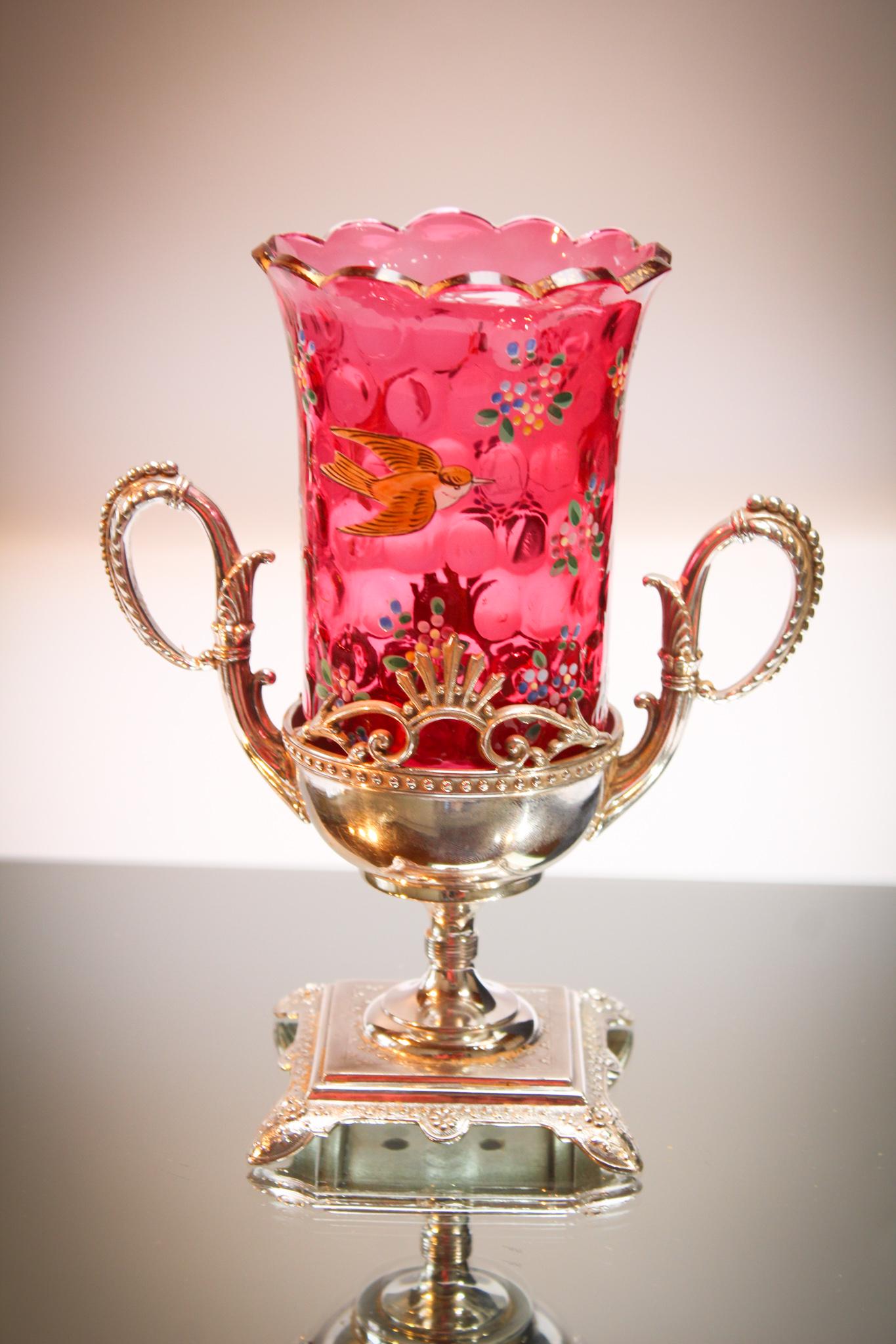 Cranberry Enameled Tufts Silverplate Bird Celery Vase: The Victorian really did it up when they set a table didn't they? Imagine this was designed for the sole purpose of holding celery for that fabulous dinner party. This example features original cranbe