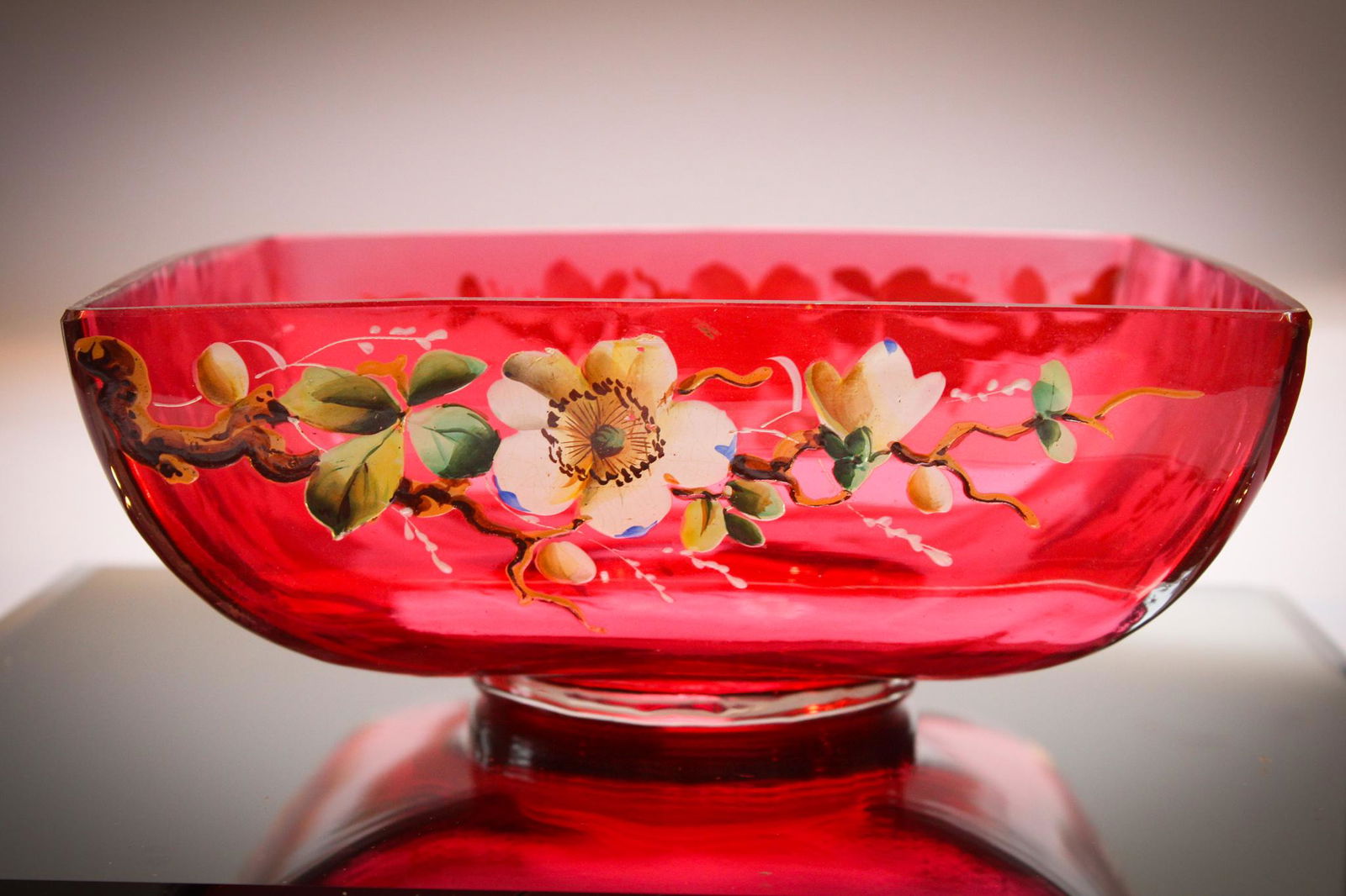 Fabulous Square Cranberry Enameled Brides Bowl: Just add a frame and man do you have a killer brides basket. This bowl is already fantastic in itself. Bowl is prefectly square form in cranberry glass with heavy enamel. Measures 9" square and fitter