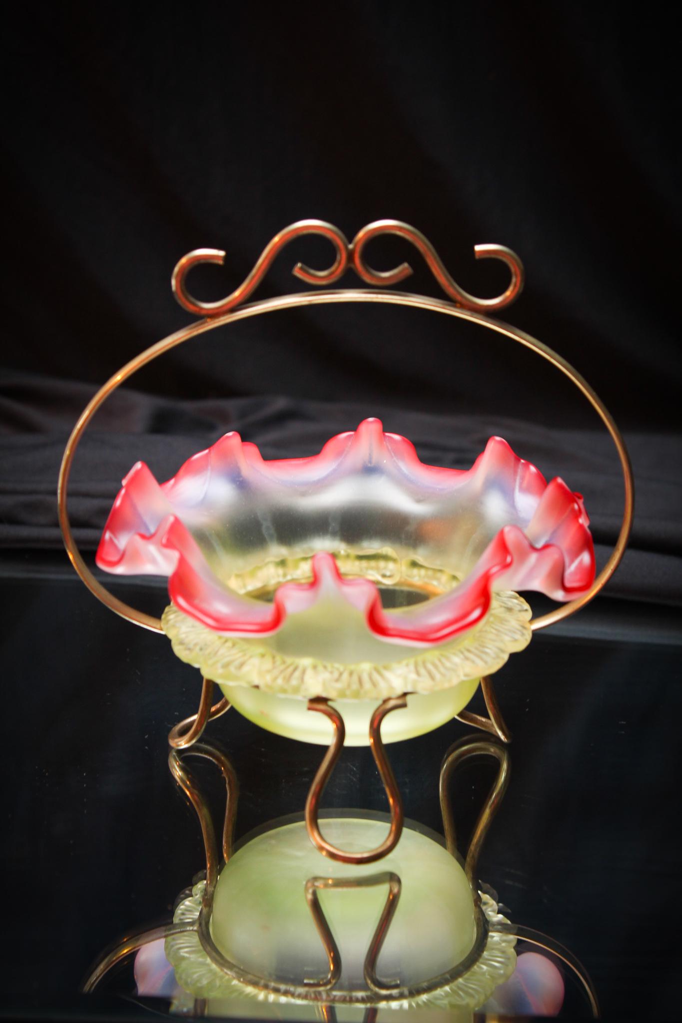 Vaseline Opalescent Cranberry Satin Sweetmeat: Sweet Vaseline opalescent cranberry sweetmeat in silverplate holder. Glass like this collection doesn't come up often. We certainly have some amazing offerings from this consignor. This is no exceptio