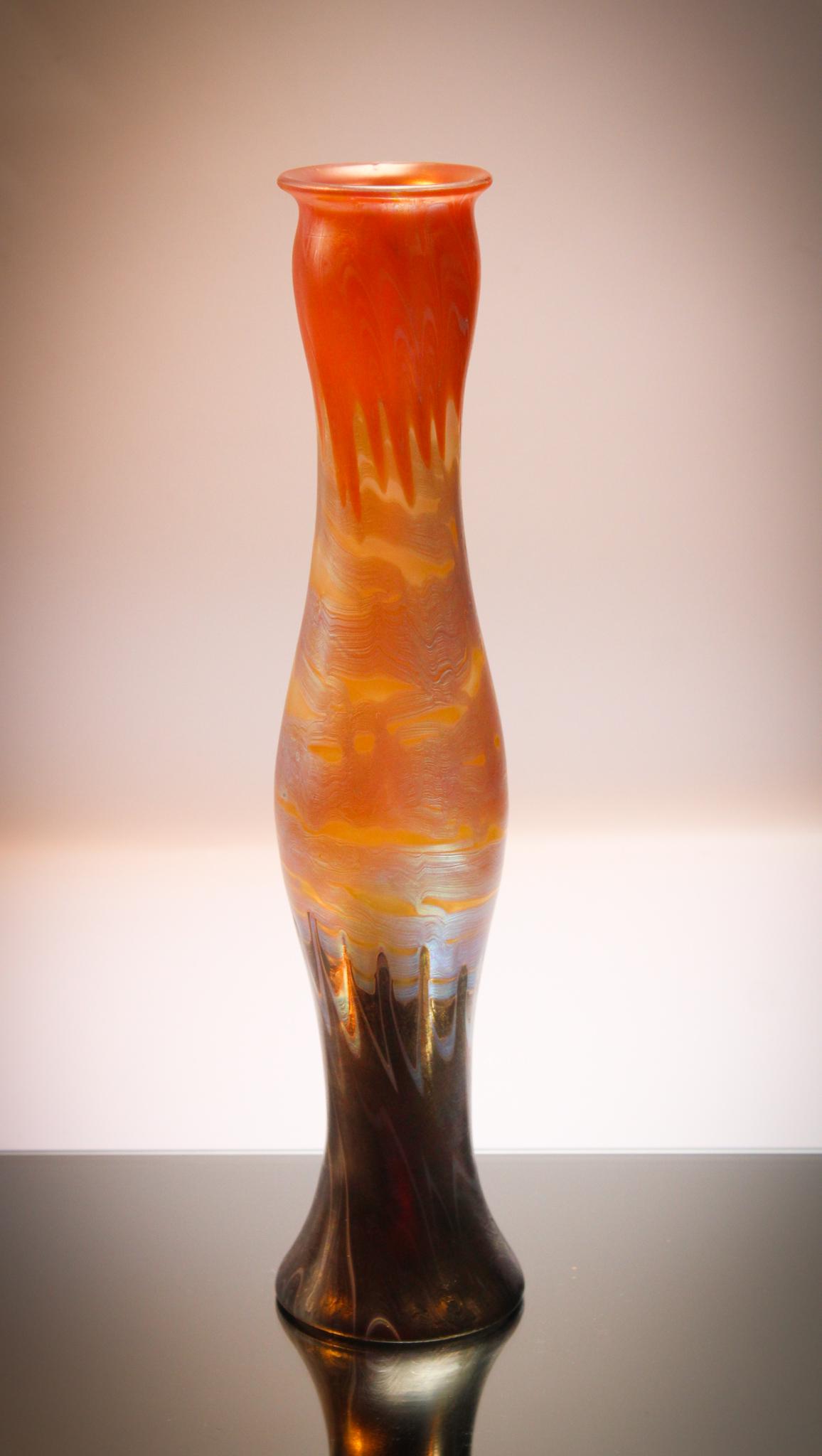 Important Signed Loetz Austria 13" Vase: Very important signed Loetz Austria Phanomen Genre 358 13 1/2" tall decorated vase. Circa 1900. Designed by Franz Hofstoetter. Impressive. Unfortunately does have some chipping at the base as shown bu