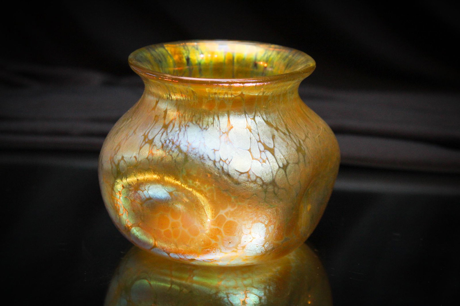 Loetz Gold Papillon 3" Glass Vase: Loetz gold Papillon glass cabinet vase. Beautiful coloring and irridescence. Measures 3 1/2" tall.