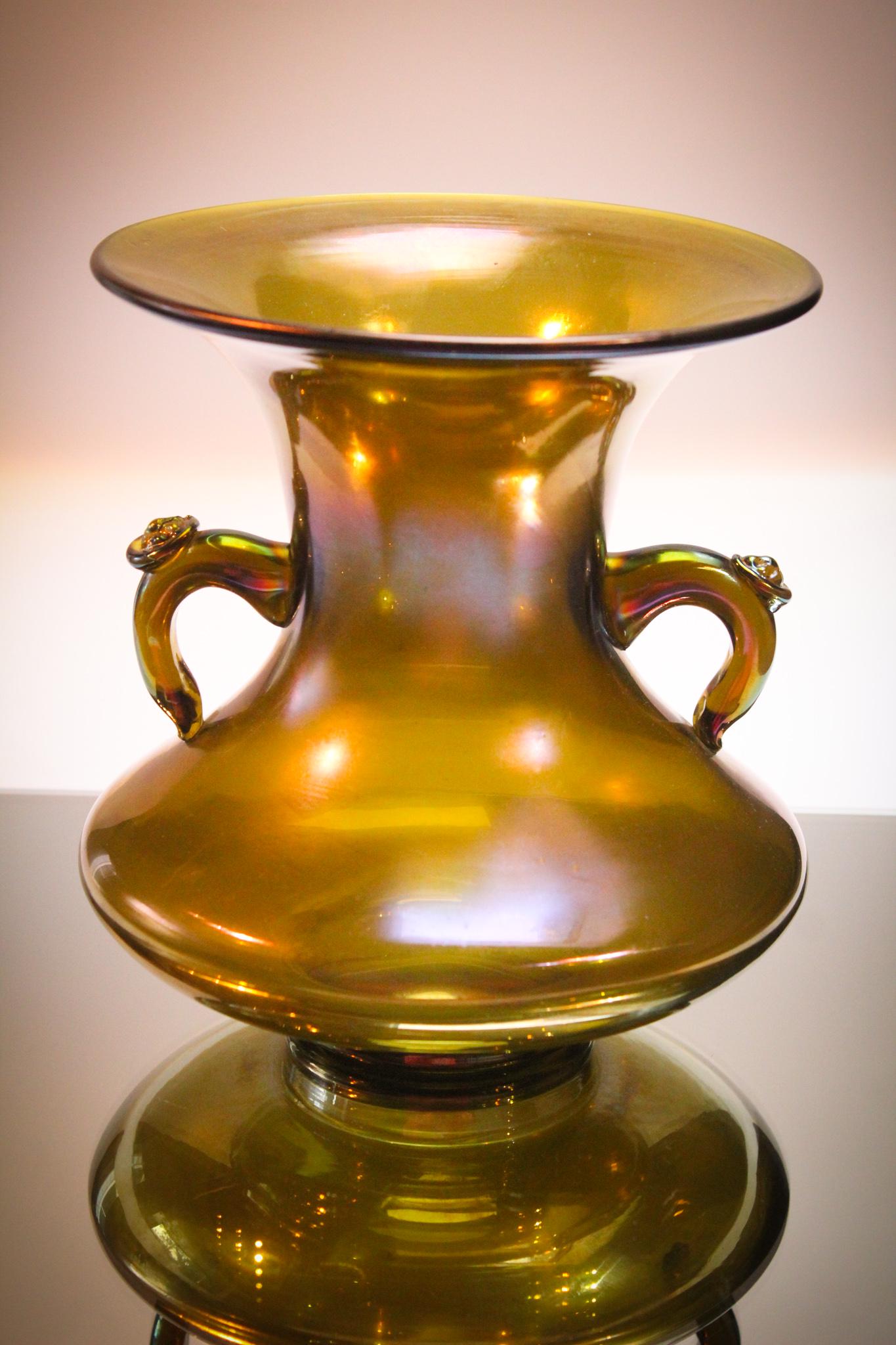 Loetz Glatt Bronze glass 3 handle Vase: Impressive Loetz Glatt Bronze glass three handle vase. Great size measuring 7 1/4" tall. NICE!