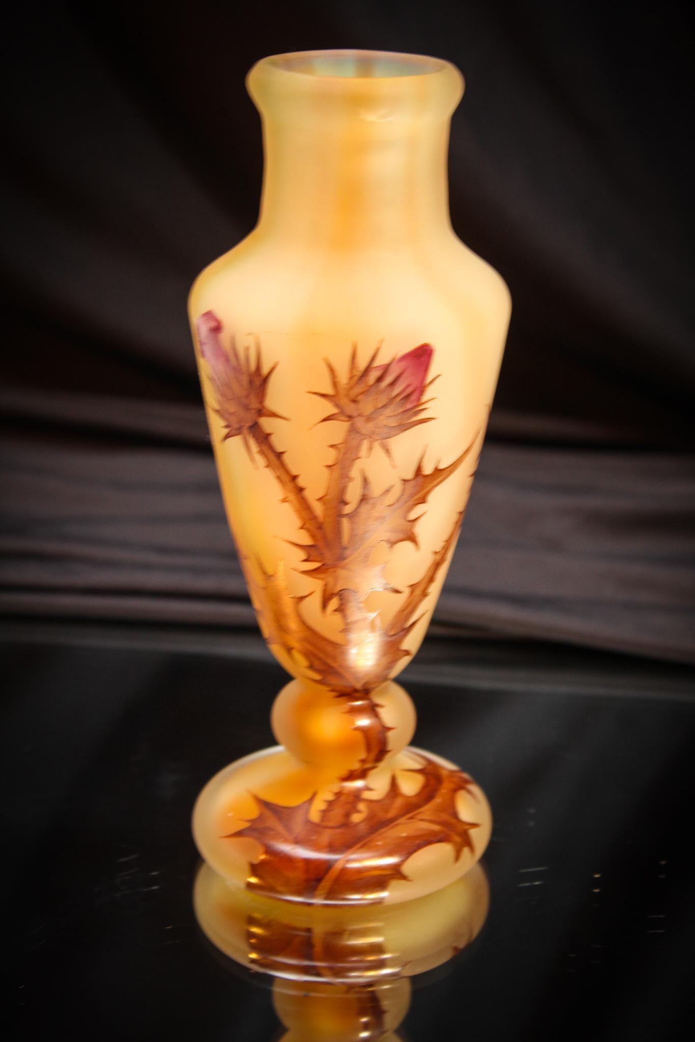 Daum Nancy Thistle Enameled 6 3/4" Vase: Here's a cutie. Signed Daum Nancy cabinet vase with thistle decoration. Measures 6 3/4" tall. Go find one!