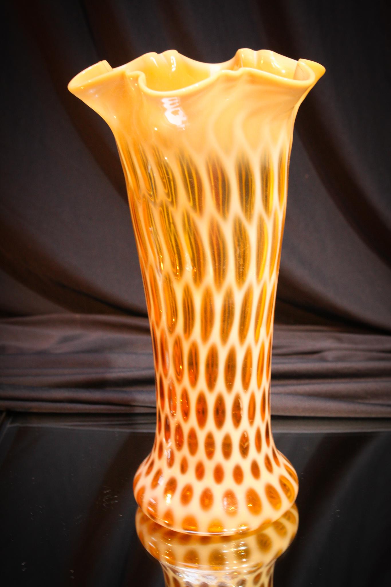 Rare 11" Phoenix Amber Opalescent Honeycomb Vase: Have you folks ever seen this before? We haven't. Quite the rarity here. Attributed to Phoenix glass Amber opalescent honeycomb pattern 11" tall vase. Incredible piece and soooo showy. Gotta have it d