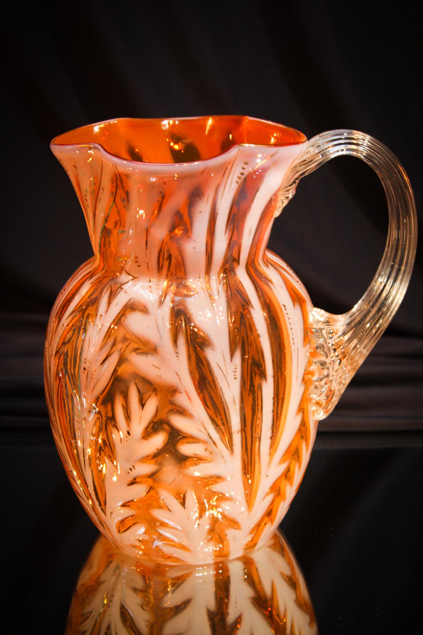 Rare Apricot Scottish Moor Opalescent Water Pitcher: Amazing and VERY Rare Apricot Scottish Moor opalescent water pitcher. Piece has exceptioanlly good color and great opal with the added benefit of gilt tracery around the leaves. Over the top gorgeous.