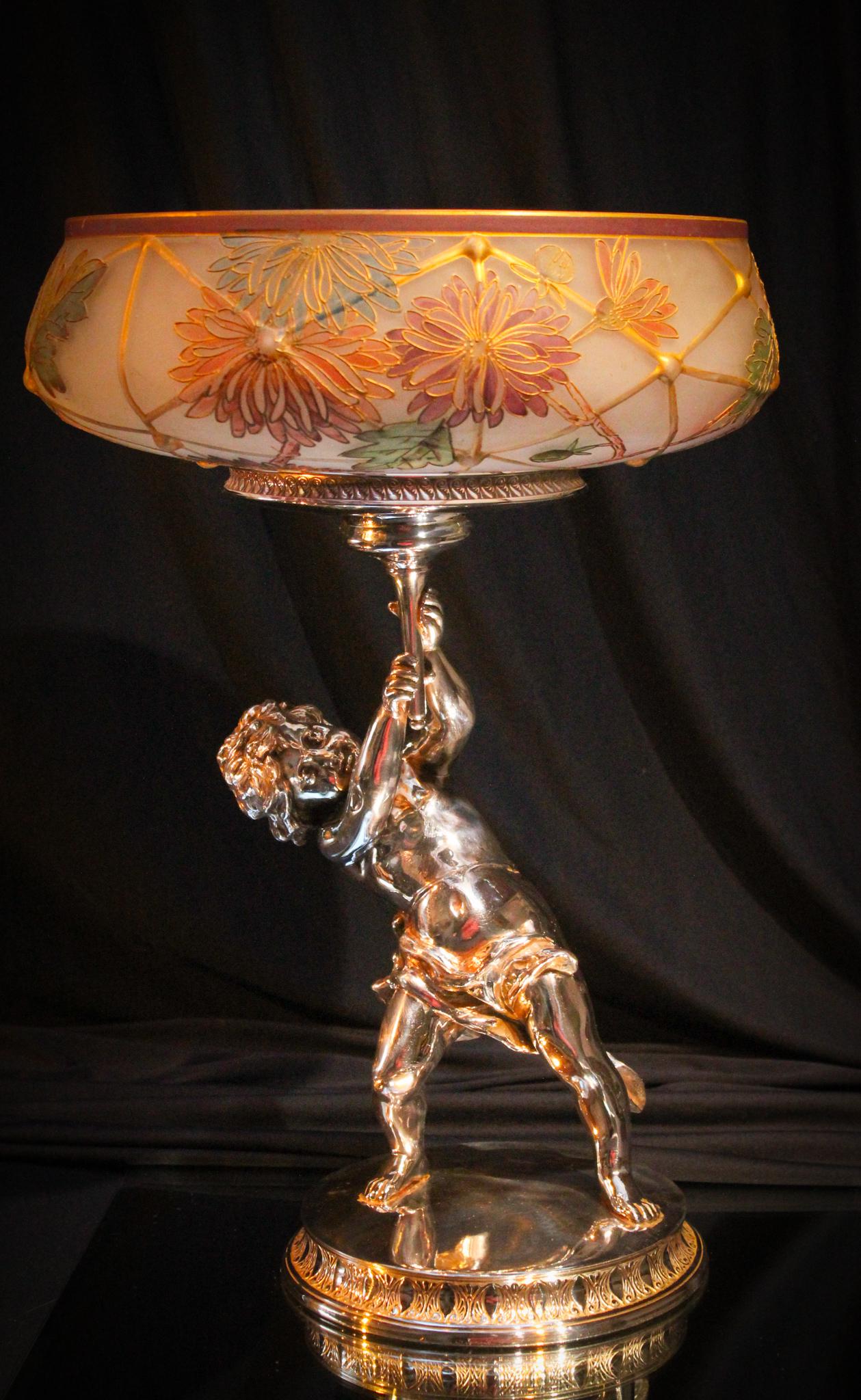 Mt. Washington Fabulous Royal Flemish Brides Bowl: This is One of The Best examples by far. The holder is immaculate. The bowl is perfect. It has the addition of blue coloring in the decoration. Want a killer piece. Well, here it is. A Mt. Washington