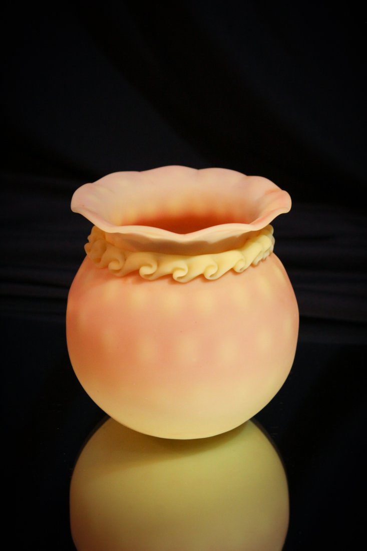 Mt. Washington DQ Burmese Glass Rose Bowl Vase: When Mt. Washington made their burmese glass, they sometimes added a diamond quilting effect in the glass. This example conveys just how pretty it is when they did this. Subtle quilting on this burmes
