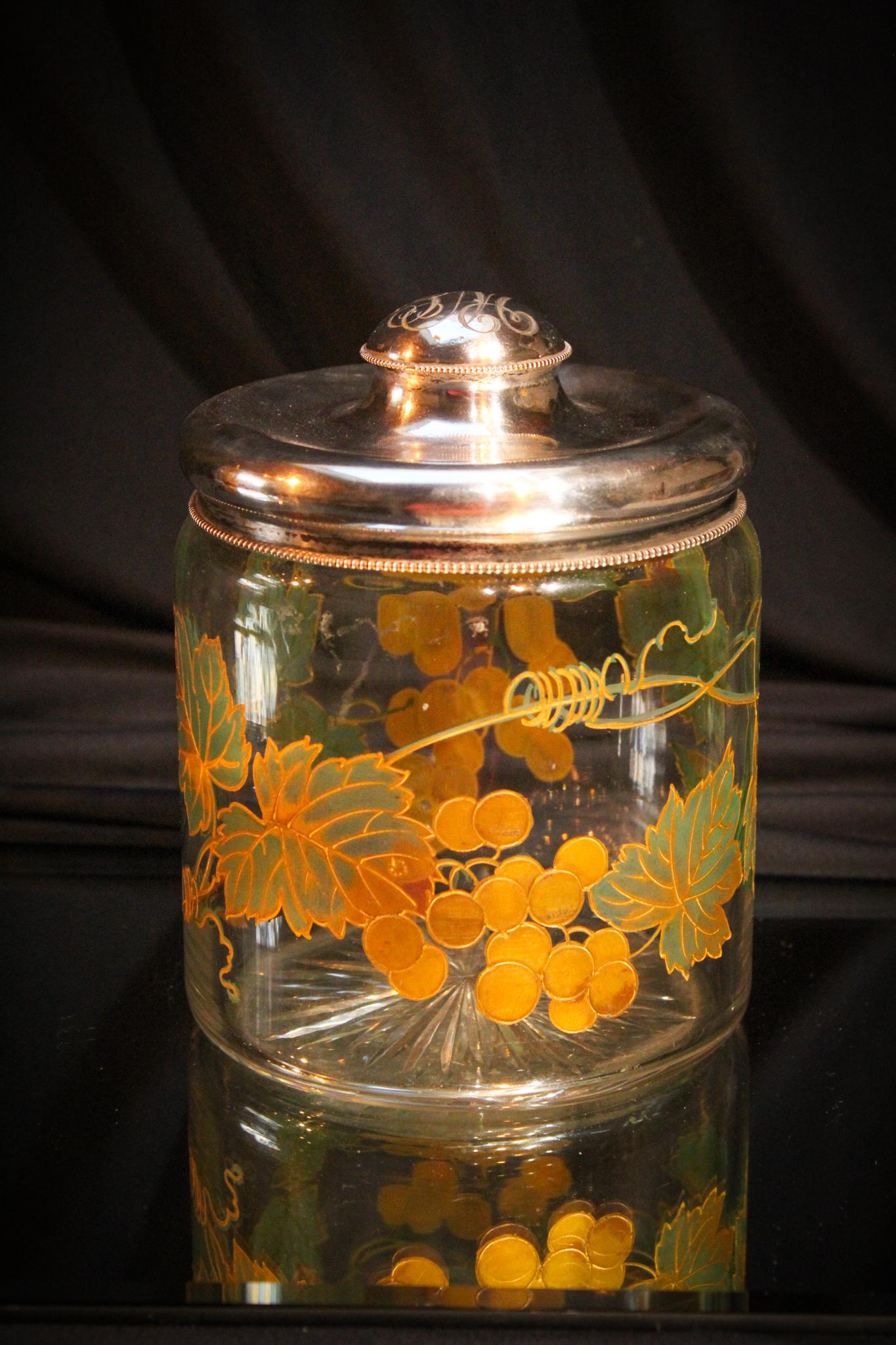Mt. Washington Verona Glass Humidor: Well, here is a line of Mt. Washington glass you don't see everyday. Verona glass dÃ©cor. This piece is decorated on the exterior with gold grapes and foliage. Star cut base and engraved original si