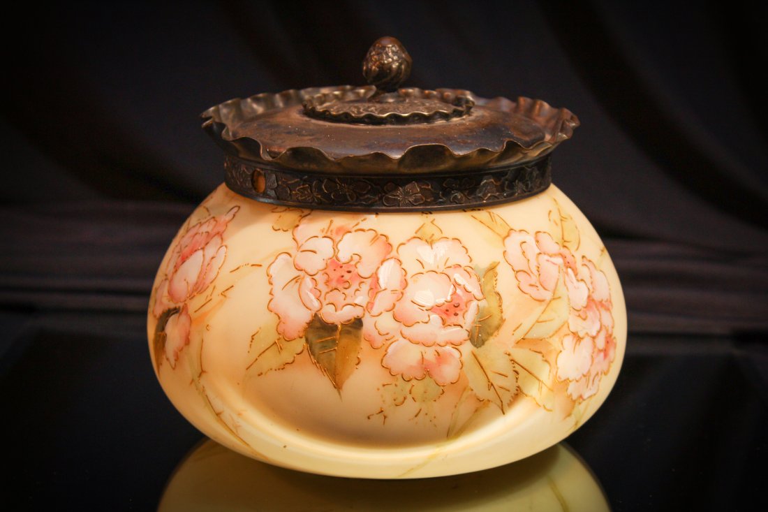 Signed Mt. Washington Crown Milano Biscuit Jar: This piece is signed as shown with Mt. Washington's CM for Crown Milano. The decoation on this biscuit is so well painted. It's hard to believe the conditions they worked in to produce such lovelies a