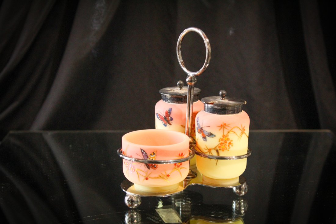 Rare Gilt Enameled Webb Burmese Condiment Silverpate: Now folks, We do have to say this CRAZY BEAUTIFUL!!!!. A complete Webb burmese gilt and enameled Victorian condiment set in original silverplate holder. You just won't believe how special this set is 