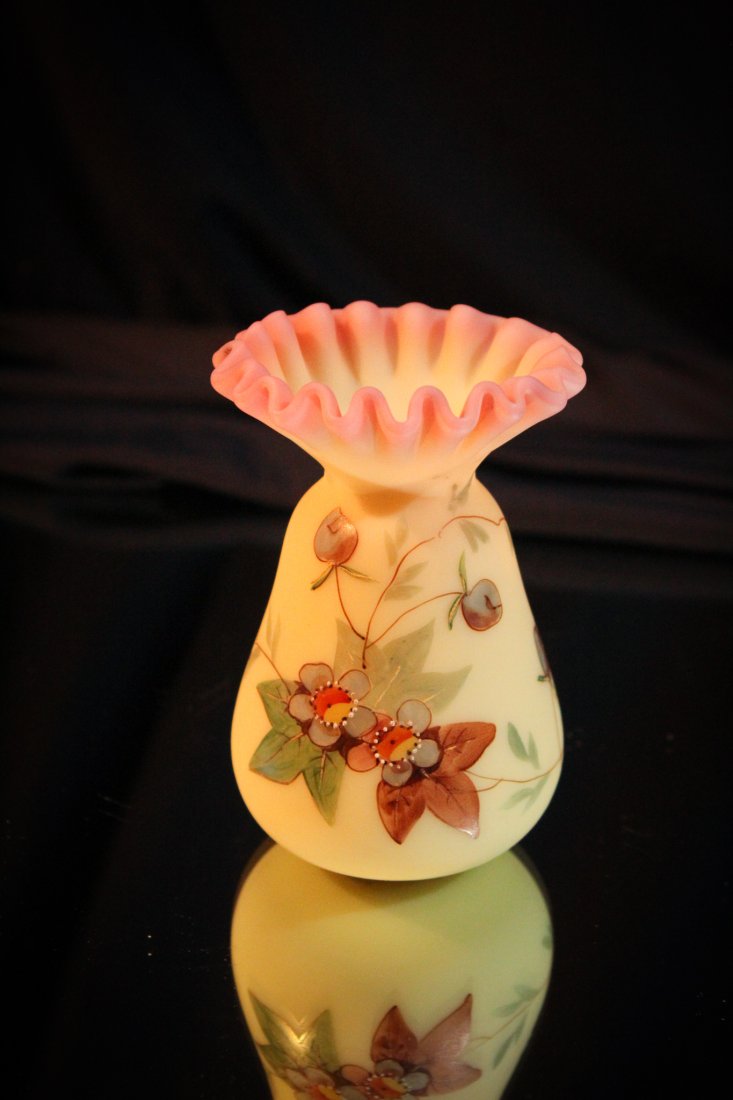 Webb Burmese Glass Cabinet Vase: These are always popular. A webb burmese tightly crimped top decorated burmese vase. Lovely. Piece measures 4" tall.