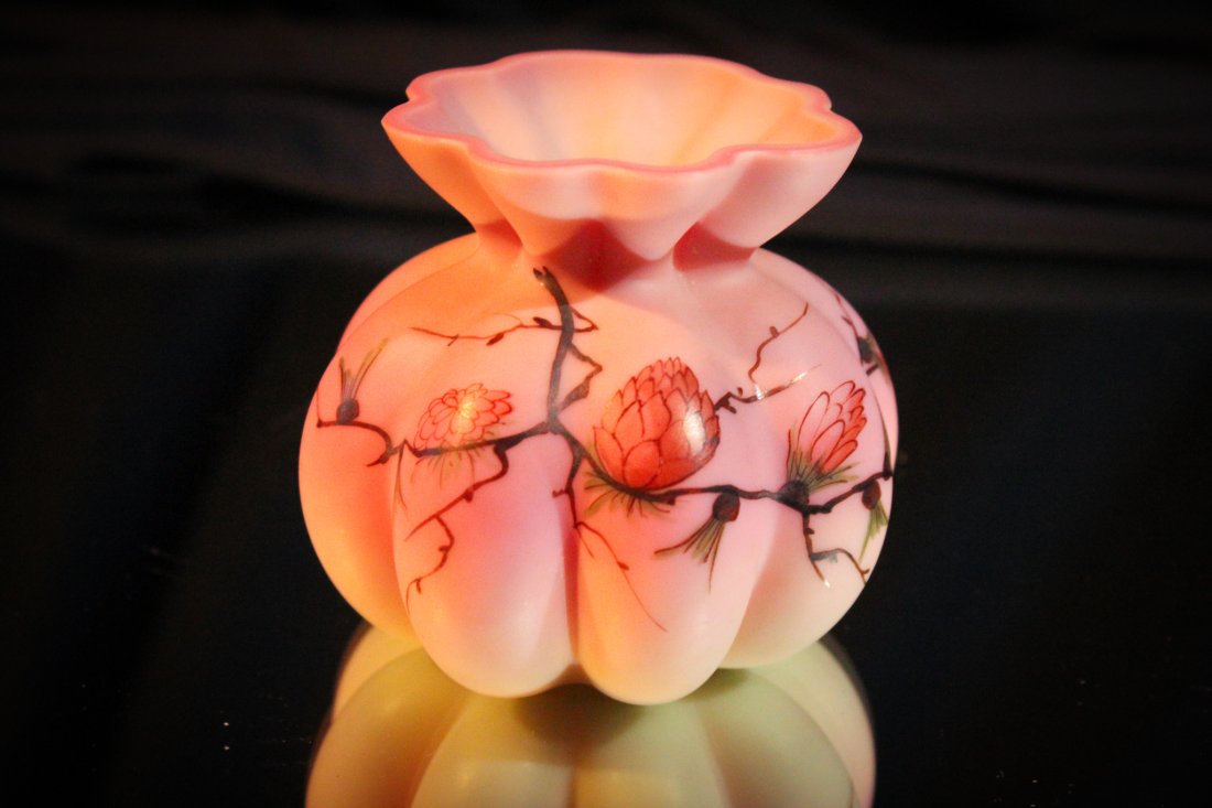 Webb Burmese Floral Decor Lobed Cabinet Vase: Classic Webb form cabinet vase with great coloring and floral decoration. Make room in the cabinet for this puppy. It's going home with you! Measures 3" tall.