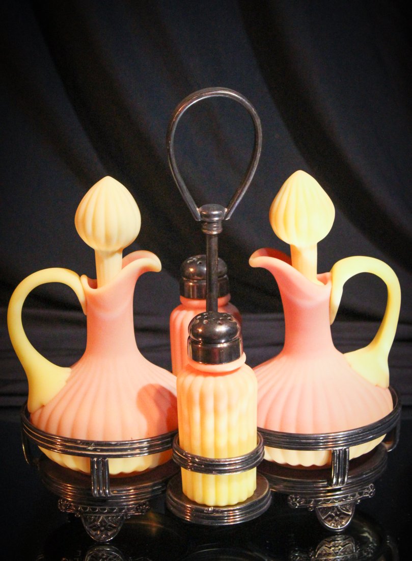 Scarce Mt Washington Burmese Cruet Shaker Castor: Now this is a honey folks. Time after time we offer some of the most outstanding pieces don't we. No modesty here. And why should there be when we have offerings from consignors like this? This is a M