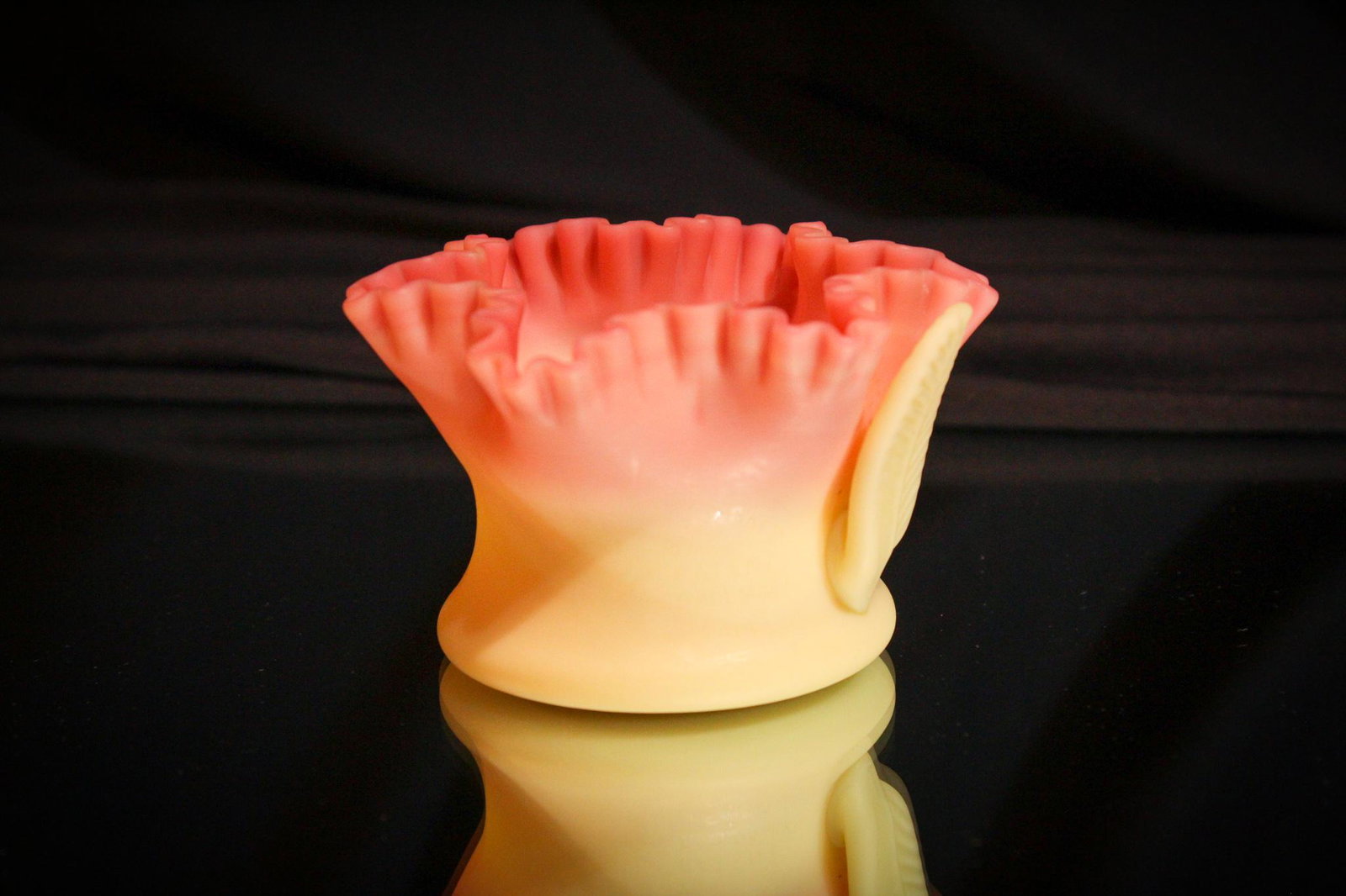Scarce Webb Burmese Fairy Lamp Leaf Base: How often do you find this base alone? Go ahead. We'll wait. Well if you haven't come up with the answer, we'll tell you right now. Not at all. Tuff to find base for the burmese shades that you do fin