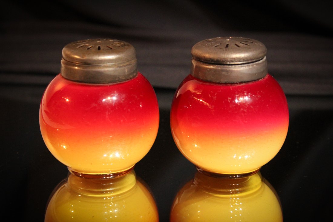 Wheeling Peachblow Victorian Glass Pair Salt Shakers: Please pass the saltâ€¦..and the pepper. You can do both with this offering. Pocket size for those dinner parties that the cook doesn't know how to season their food :) These are a perfect pair wi