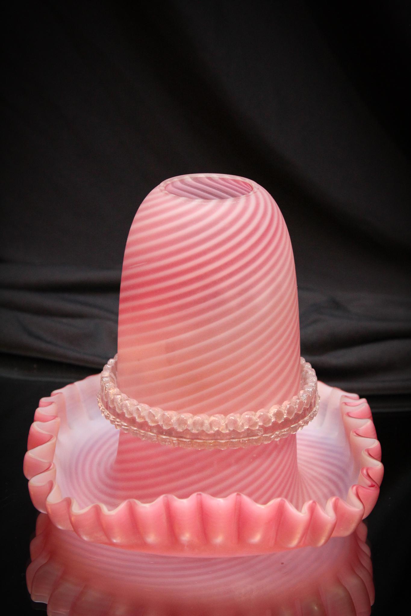Cranberry Opalescent Satin Swirl Victorian Fairy Lamp: So nice. Can you believe there is actually 5 pieces to it. Well we couldn't either. There is the shade, the base, the signed Clarkes candle cup, glass votive insert and a candle original to the piece 