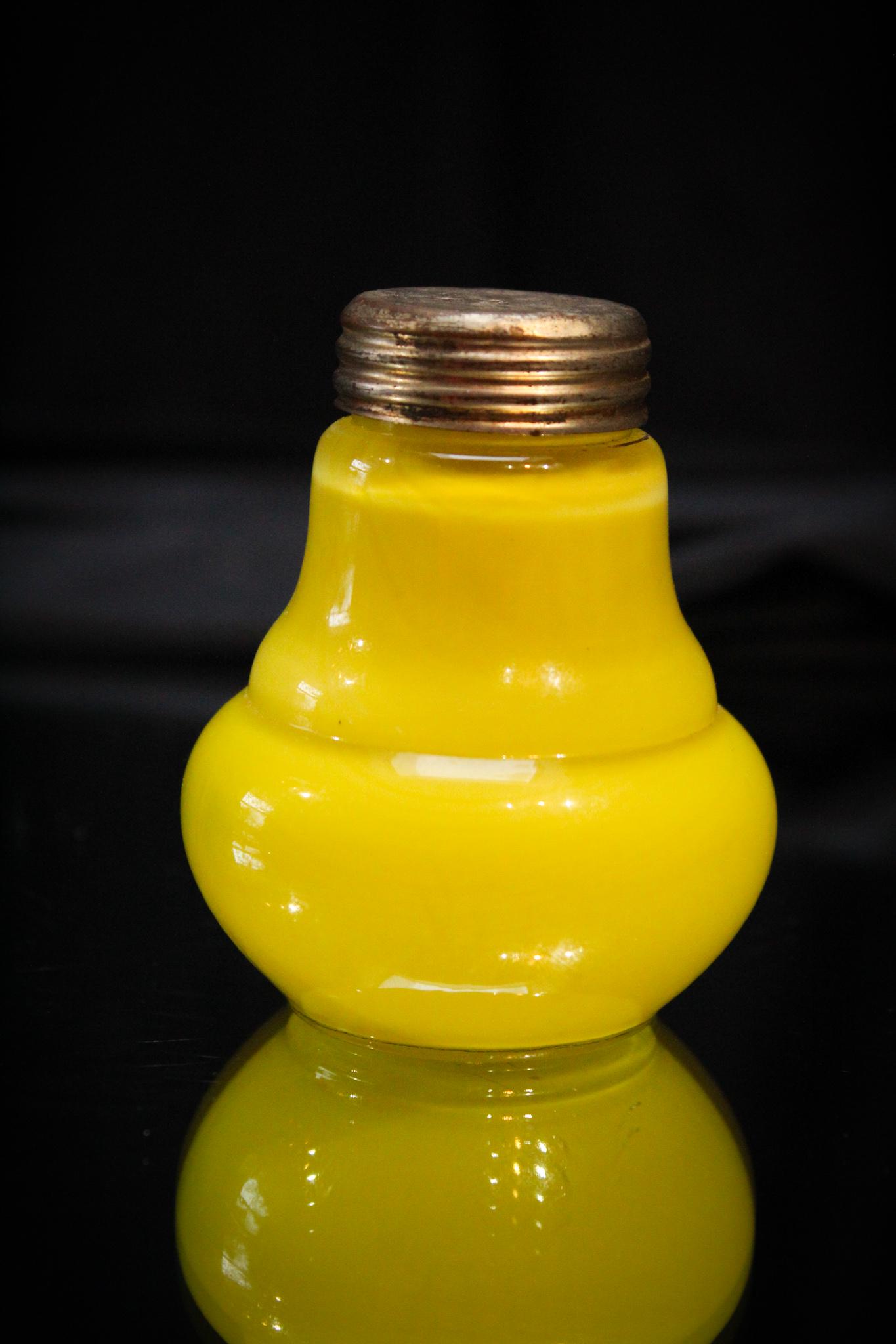 Hobb's Rare Yellow Cased Victorian Salt Shaker: This is a real Toughie folks. It has been a long time since we have seen one of these. Rare Hobb's Yellow cased Bulbous based salt shaker. Measures 3" tall.