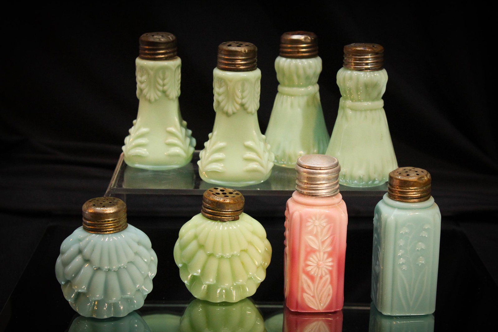 8 pc Lot Victorian Pink Blue Green Salt Shakers: OK. So with this lot, It would be considered gluttony. No just kidding. What an array of nice shades of pink, blue and green opaque shakers. Tallest shaker measures 3 3/4" tall.