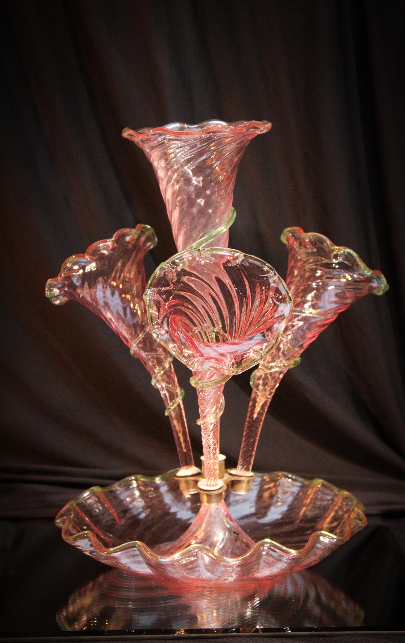 Venetian Murano Art Glass Antique Epergne: Pretty in pink here. MCM or Hollywood Regency your style, well how about this gem for your home. Wonderful Venetian Murano glass antique art glass epergne. Graceful form and pastel coloring add to the