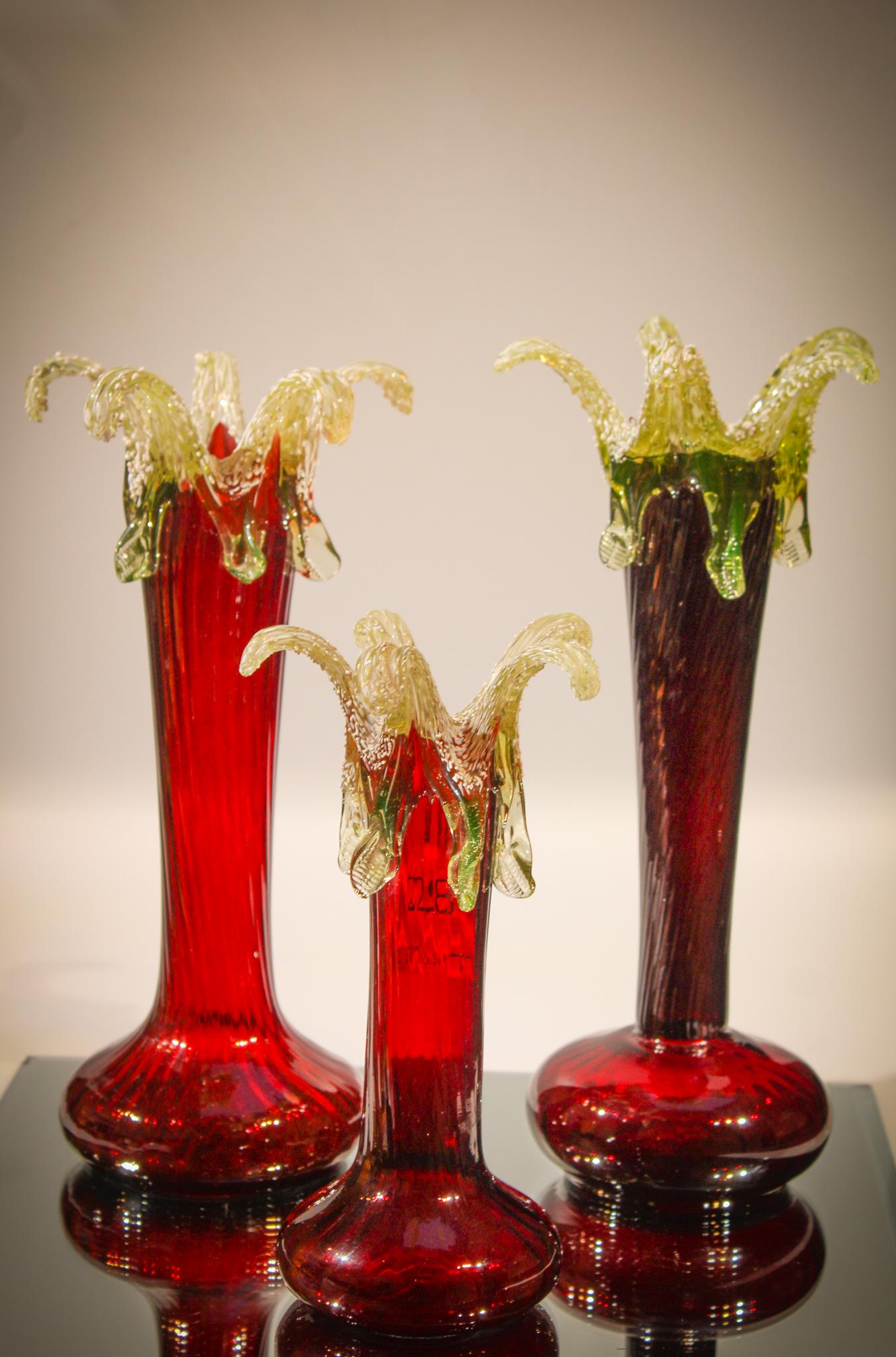 Trio Lot Victorian Vaseline Ruby Frit Art Glass Vases: Folks, we love these and we're sure you will too. So unusual and they have it all going for them. Top treatments are extraordinary. Nice height at 11 1/2" tall for the tallest.