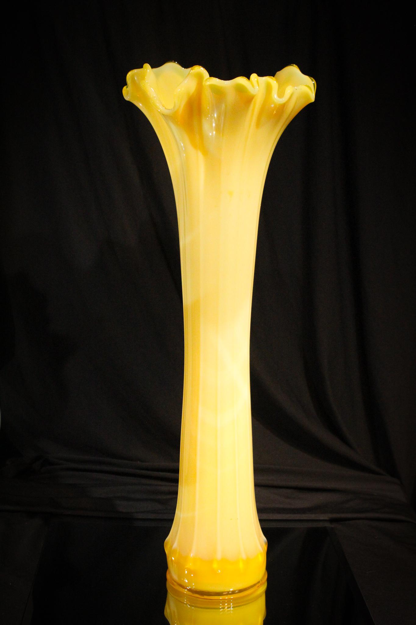 20" Vaseline Opalescent Fostoria Heirloom Funeral Vase: Now this is a monster measuring in at 20 1/2" tall. Such a rare piece and so showy. Color is incredible as well las the opalescence. Just plain WOW!