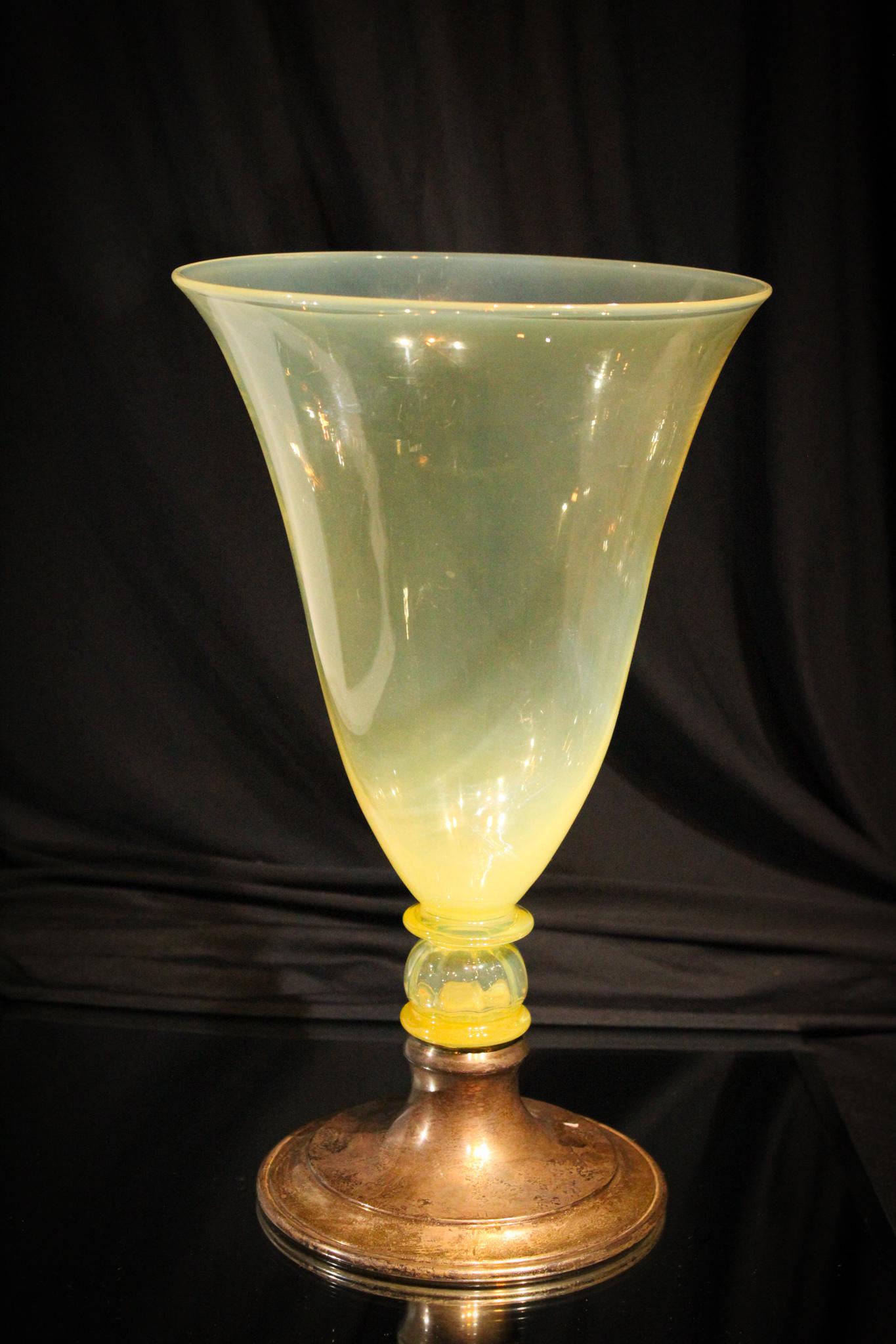 Vaseline Opalescent Trophy Vase w/ Sterling Base: Outstanding Victorian Vaseline opalescent Trophy size vase with signed Sterling Silver Base. Nice large piece measuring in at 12 1/2" tall.