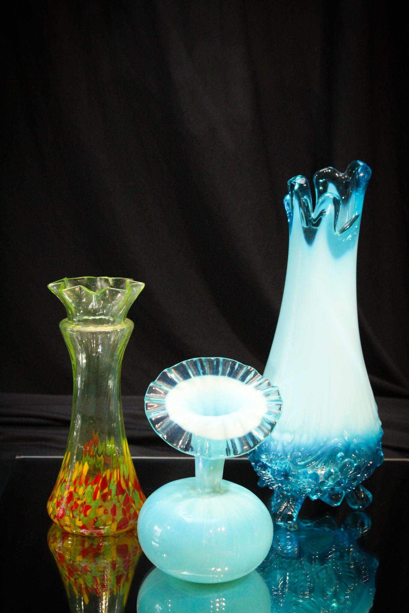 3 pc Lot Victorian Blue Opalescent Vaseline Czech Glass: This is the one you have been waiting for. Blue opalescent Piasa Bird vase, a blue opal art glass vase, and a vaseline Czech glass cabinet vase. Tallest measures 10" tall.
